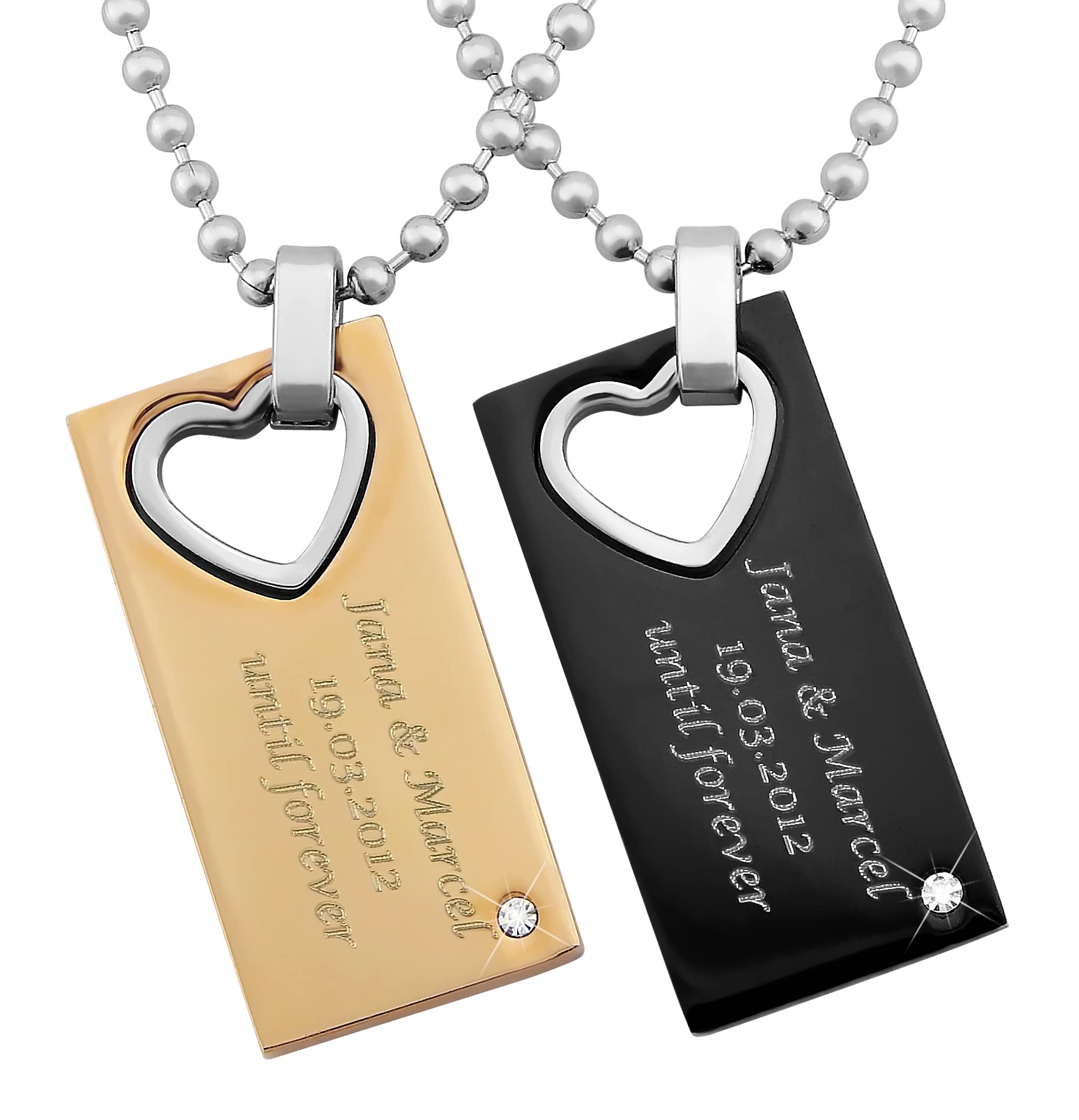 2 Stück Personalisierte Kette mit Gravur Edelstahl 50 cm mit Anhänger Herz Rechteck in silber schwarz gold - Personalisierte Geschenke für Damen Herren Freundin Freund - Partner Halskette