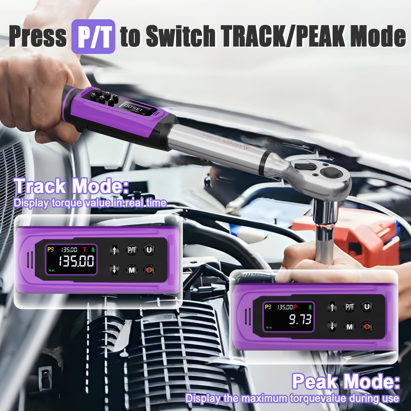 ANPUDS Clé Dynamométrique Numérique 3/8" (2-135 Nm) pour Autos et Motos, Précision ±1% avec Alertes Vibrantes, Sonores et LED, Set de Serrage Électronique pour Roues, Freins et Mécanique Générale