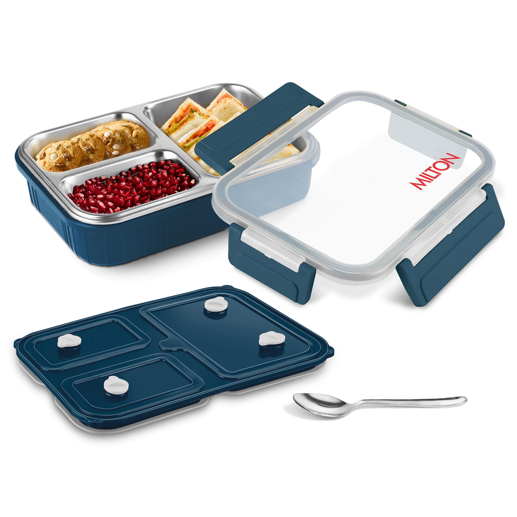MILTON Meal Safe 3 Inner Stainless Steel Tiffin Box for School with Steam Release Plug | PU Insulated, Leak-Proof, Food Grade I Lunch Box for Kids Boys, Girls with Snap Lock Lid, 630 ml, Navy Blue