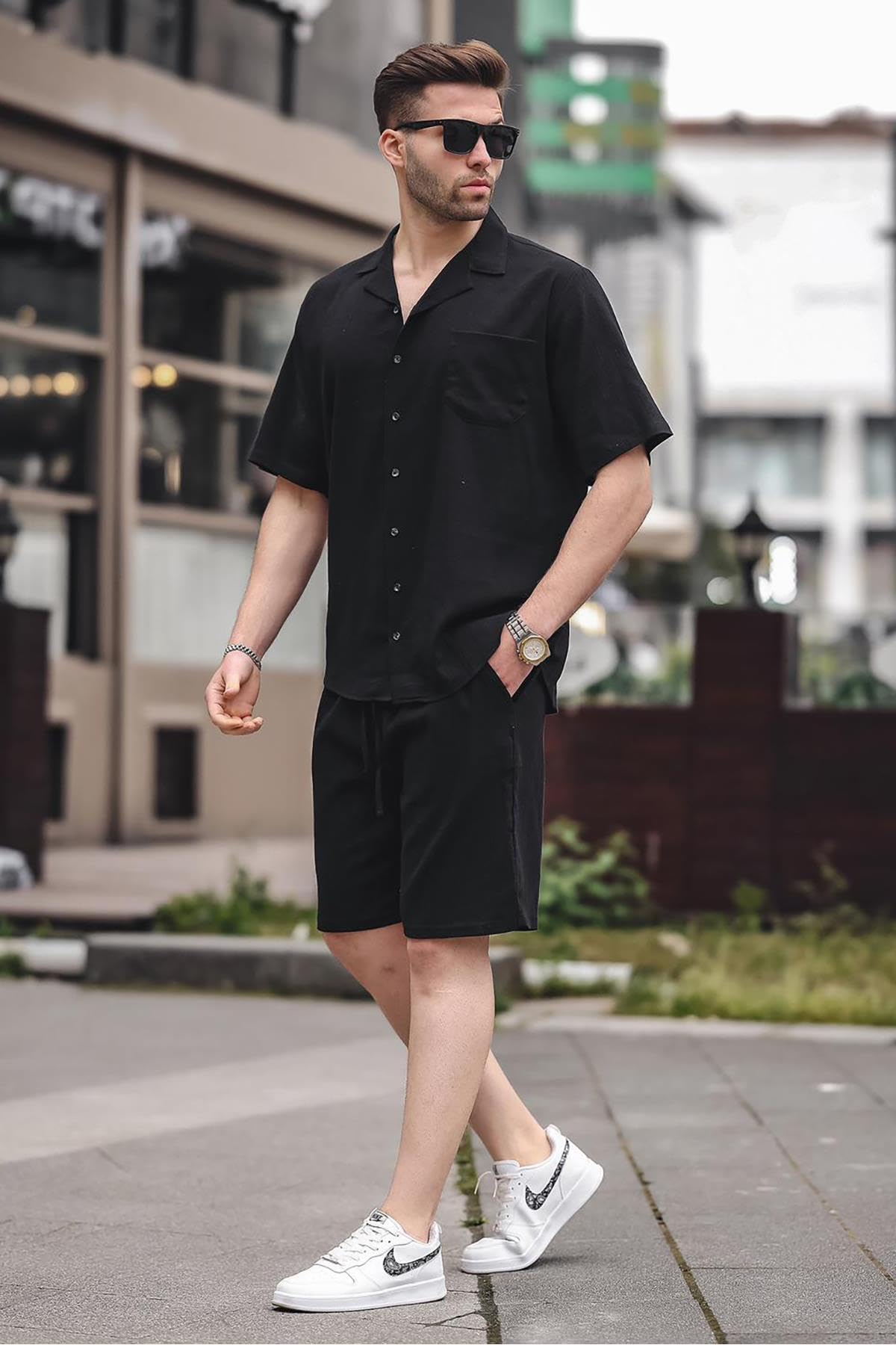 Madmext Erkek Siyah Basic Oversize Gömlek Şort Takımı,%100 Pamuk, M Beden
