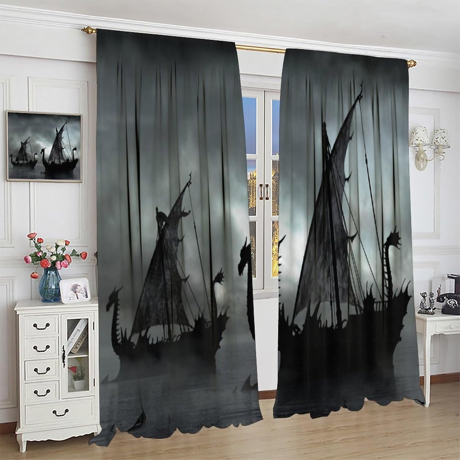 Viking Ship Curtains Vintage Nautical Fantasy Vikings Warship Dragon Ship Window Treatments for Bedroom Living Room Kitchen Retro Sea Pirate Boat Window Drapes 2 Panel Set,Total Size 42" x 45"