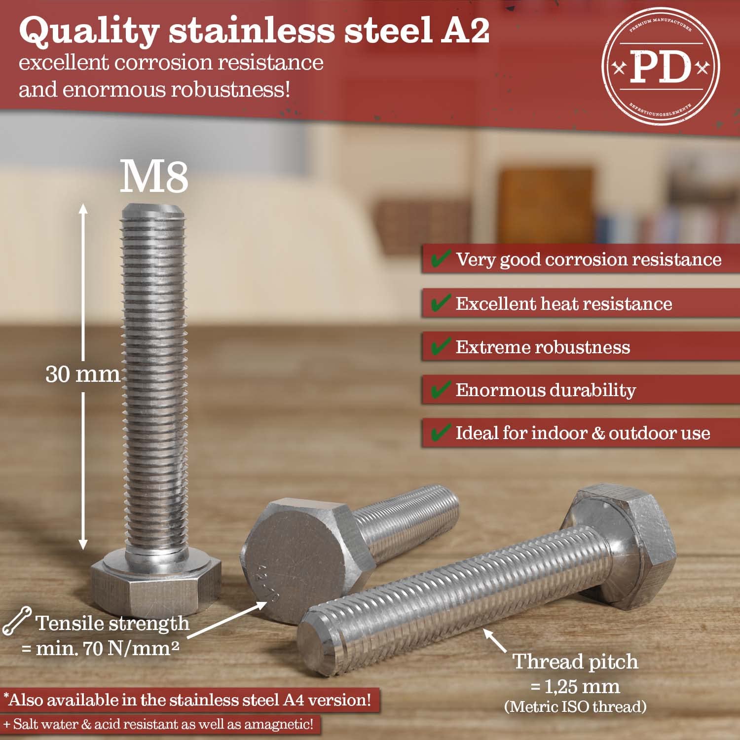 PD® Viti a testa esagonale M8 x 30 mm (DIN 933 / ISO 4017) | Viti in acciaio inox A2 V2A di alta qualità | Viti a testa esagonale con filettatura metrica ISO completa | 10 pezzi