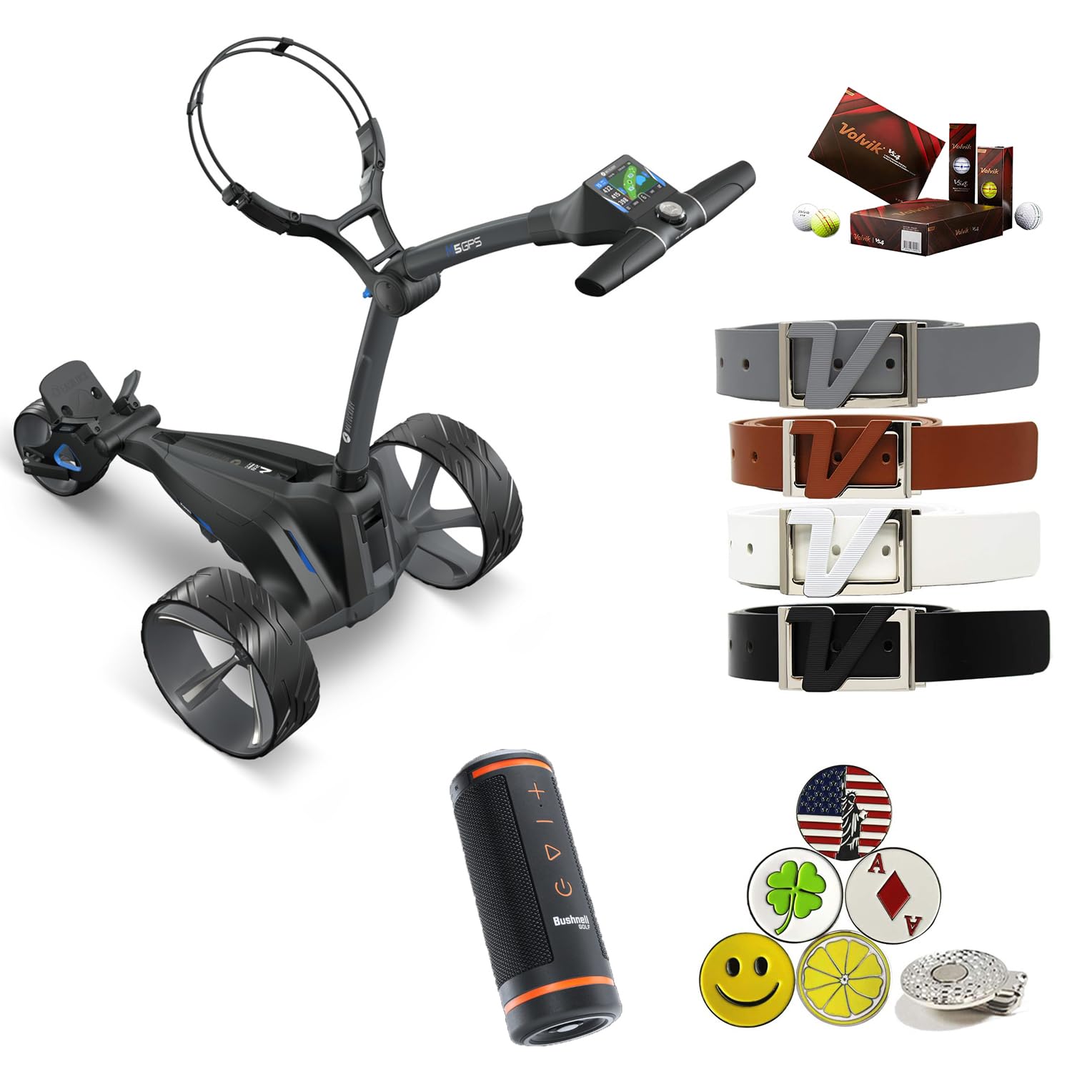 Motocaddy New M5 GPS DHC Electric Golf Caddy Cart Bundle with Holders, Device Cradle, Bushnell Wingman, Volvik Leather Belts, 1 Dozen Volvik Golf Balls, 5 Ball Markers