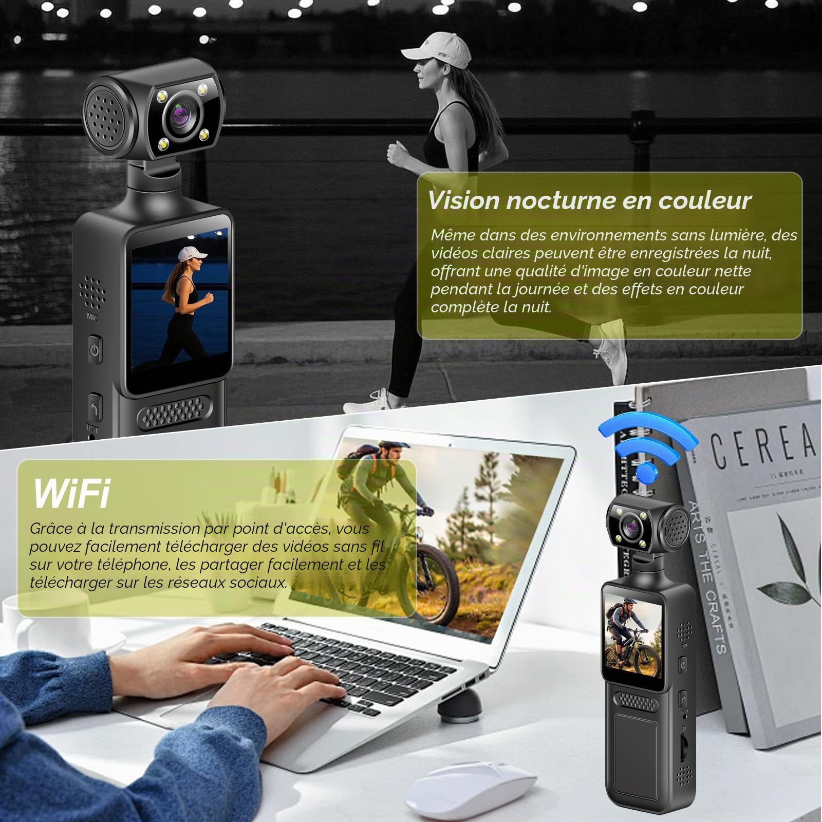 4K Camera Pieton, 128GB Caméra de Corps avec Objectif Rotatif & 180° Grand Angle, WiFi Enregistreur Vidéo Portable avec Clip Arrière, Détection de Mouvement de Vision Nocturne pour Sport Vélo Voyage