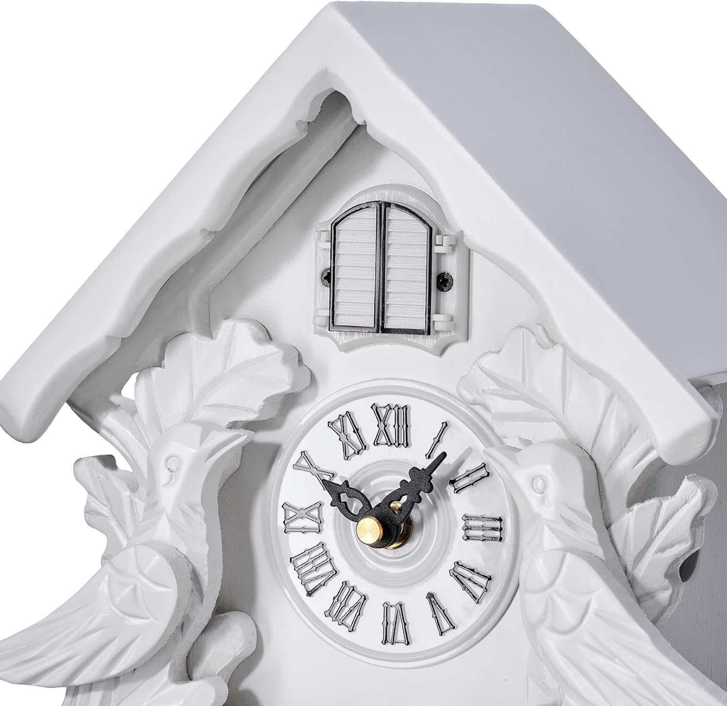 TIMEGEAR Cuckoo Clock with Night Mode, Singing Bird, Wooden Decorations and Swinging Pendulum (White)
