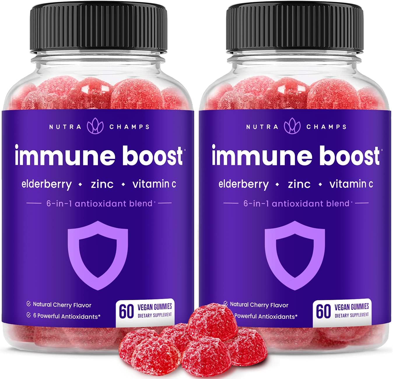 Immune Support Gummies | Powerful Blend of Elderberry, Vitamin C, Zinc, Echinacea, Astragalus Root & Ginger | Immune Boosters for Adults & Kids Supplement | Vegan & Non-GMO | Cherry | 60 Ct (2 Pack)