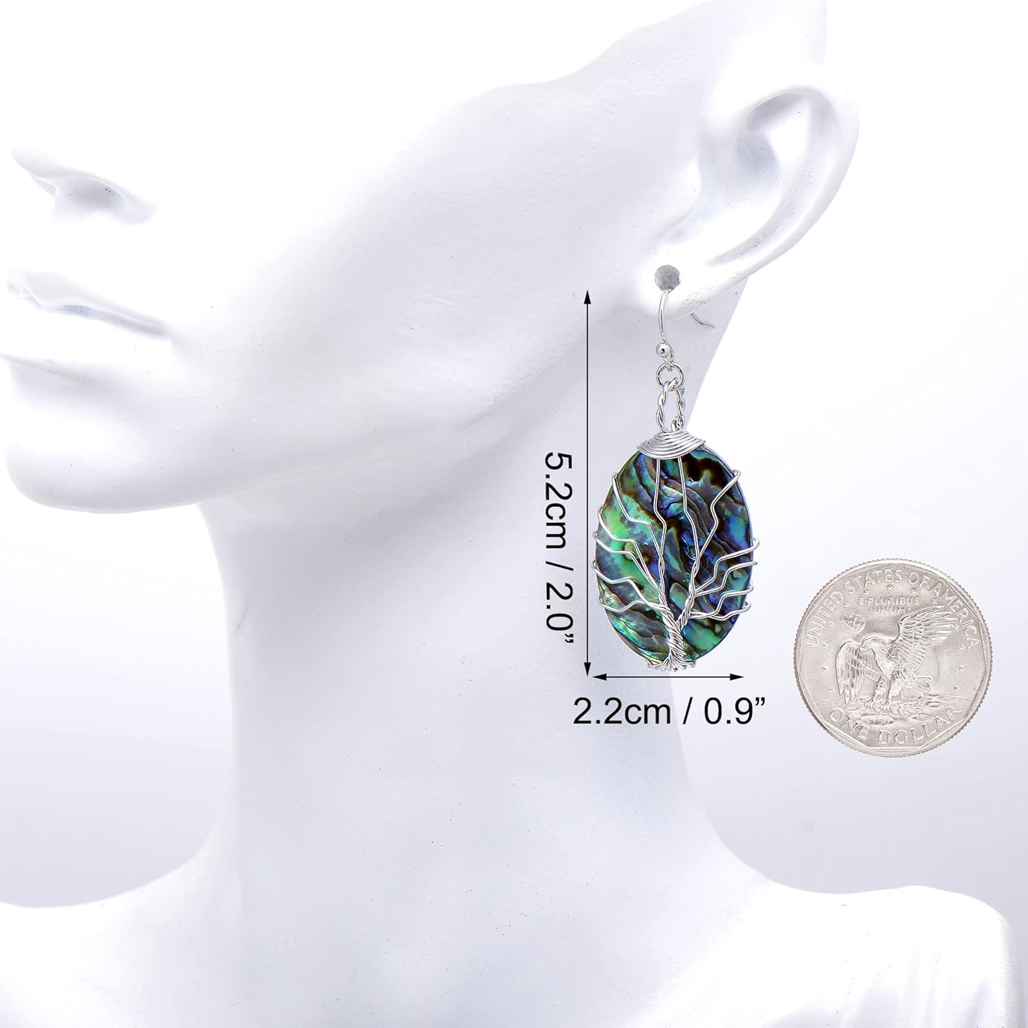 Sterling Silver Earrings Hooks Oval Abalone Shell Wrapped Tree of Life Earrings for Women, White Gold Tone - Image 6