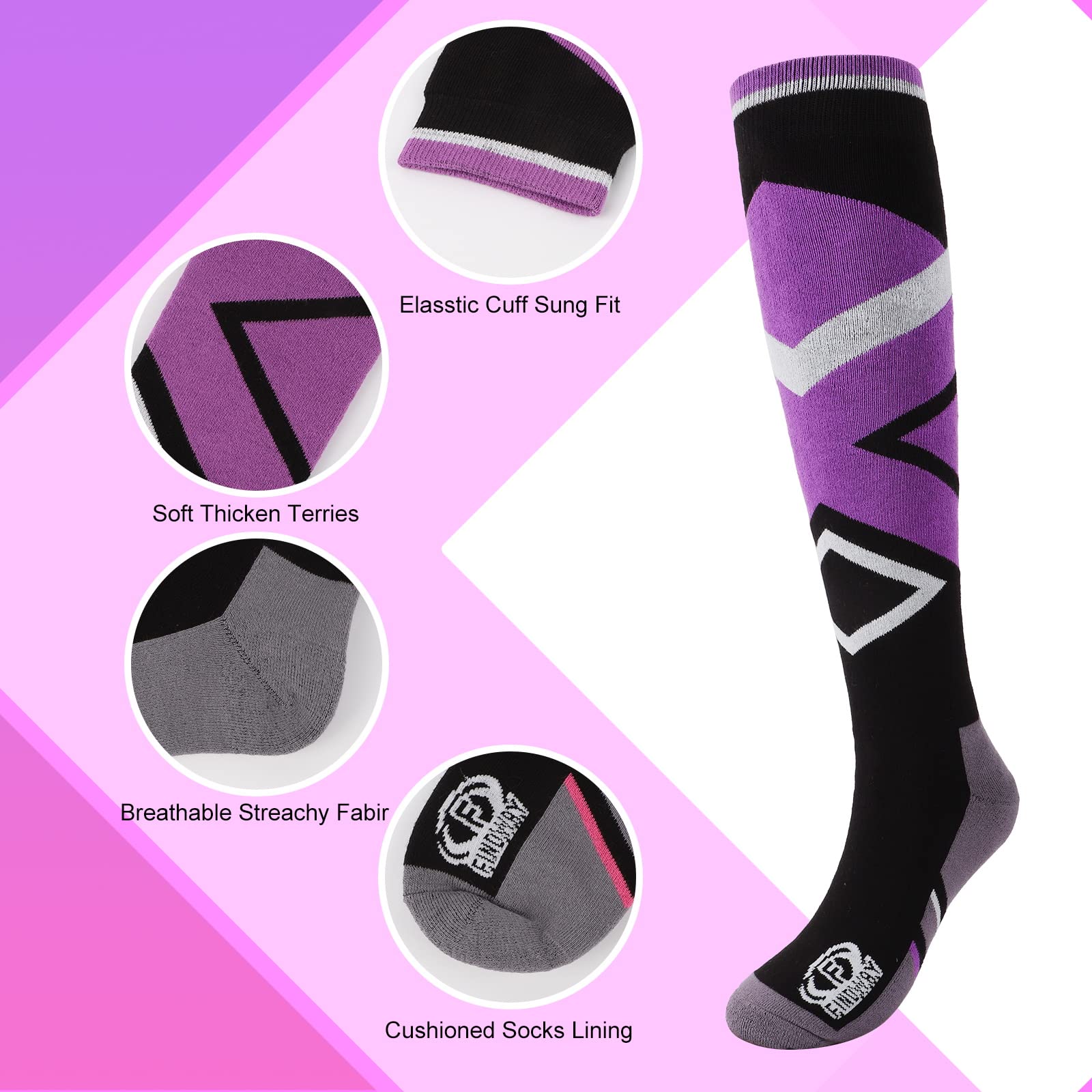 Findway 2 Paar Skisocken, Winter Snowboarding Atmungsaktive Thermosocken mit Über die Wade Design/Anti-Rutsch-Bündchen für Mädchen/Jungen für Outdoor-Sportarten