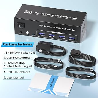 8K60Hz 4K120Hz DisplayPort KVM Switch 3 Monitor 2 Computer, USB 3.0 DP KVM Switch 2 for Computer, 1 Set of Keyboard, Mouse, Printer, 3 Monitors, 4 Ports USB 3.0 Peripheral Sharing