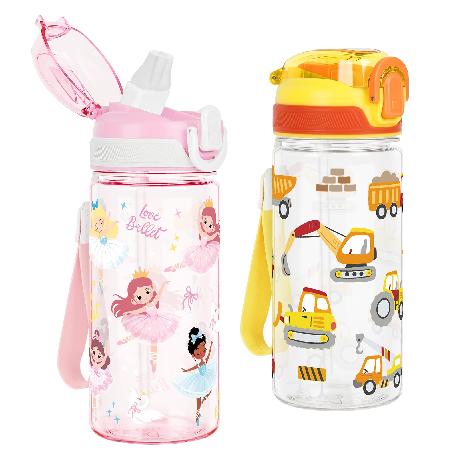 Kids Water Bottles with Straw Tritan 2 Pack 480ML - Excavator & Ballet