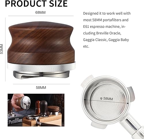 Miniatura 6 de Distribuidor de café de 58 mm, herramienta de distribución de espresso, nivelador de mano con profundidad ajustable y mango de madera de nogal,