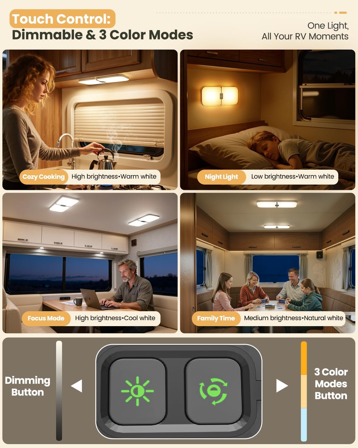 DFGOTOP 12V LED Light, RV Ceiling Dome Light 204 LEDs Camper Lights Dimmable Warm Cool Natural White for RV Caravan Motorhome Enclosed Cargo Trailer Camper Truck Lorry Van Boat Car