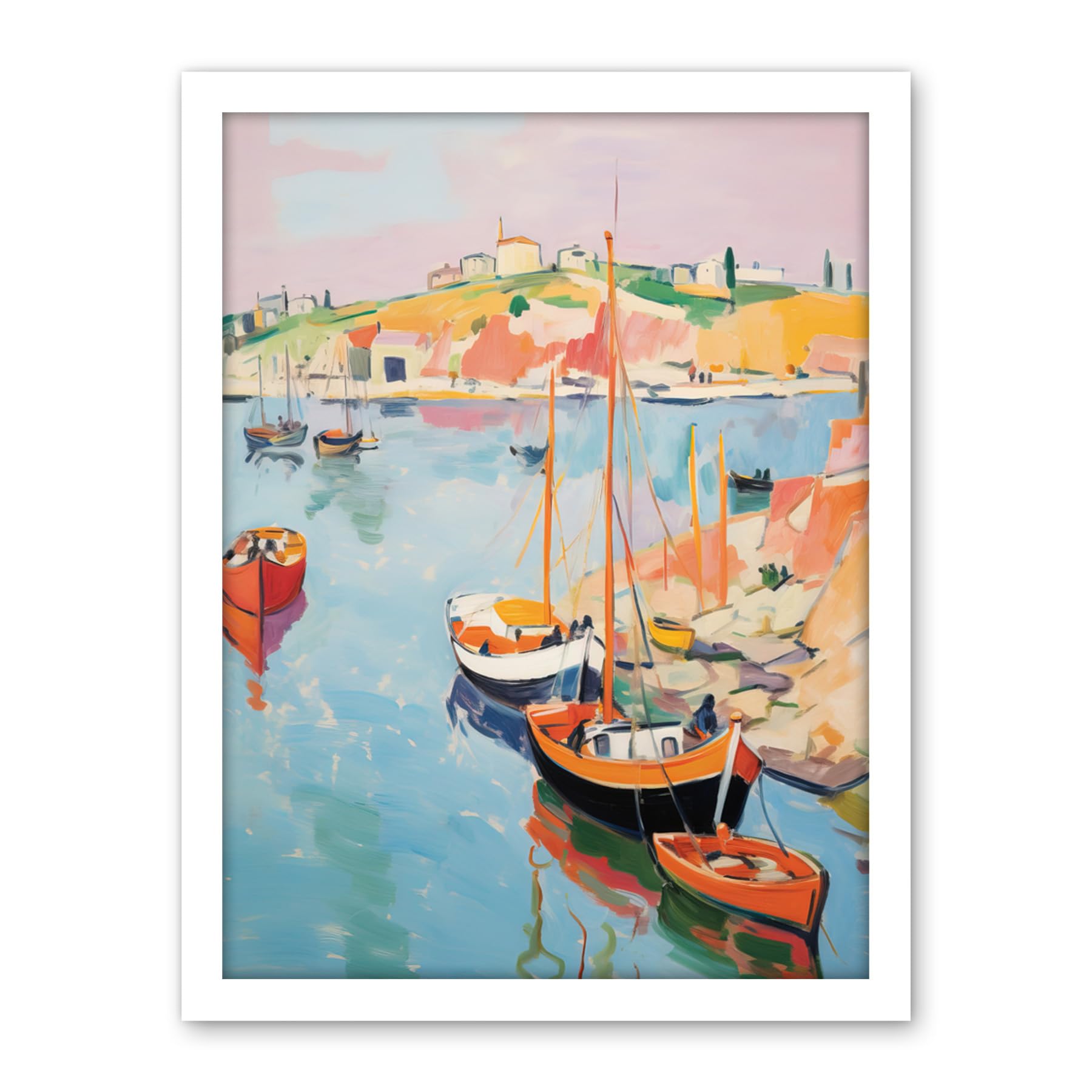 Artery8 Boats in Harbour Fishing Village Coastal Landscape Colourful Abstract Watercolour Painting Artwork Framed Wall Art Print 18X24 Inch