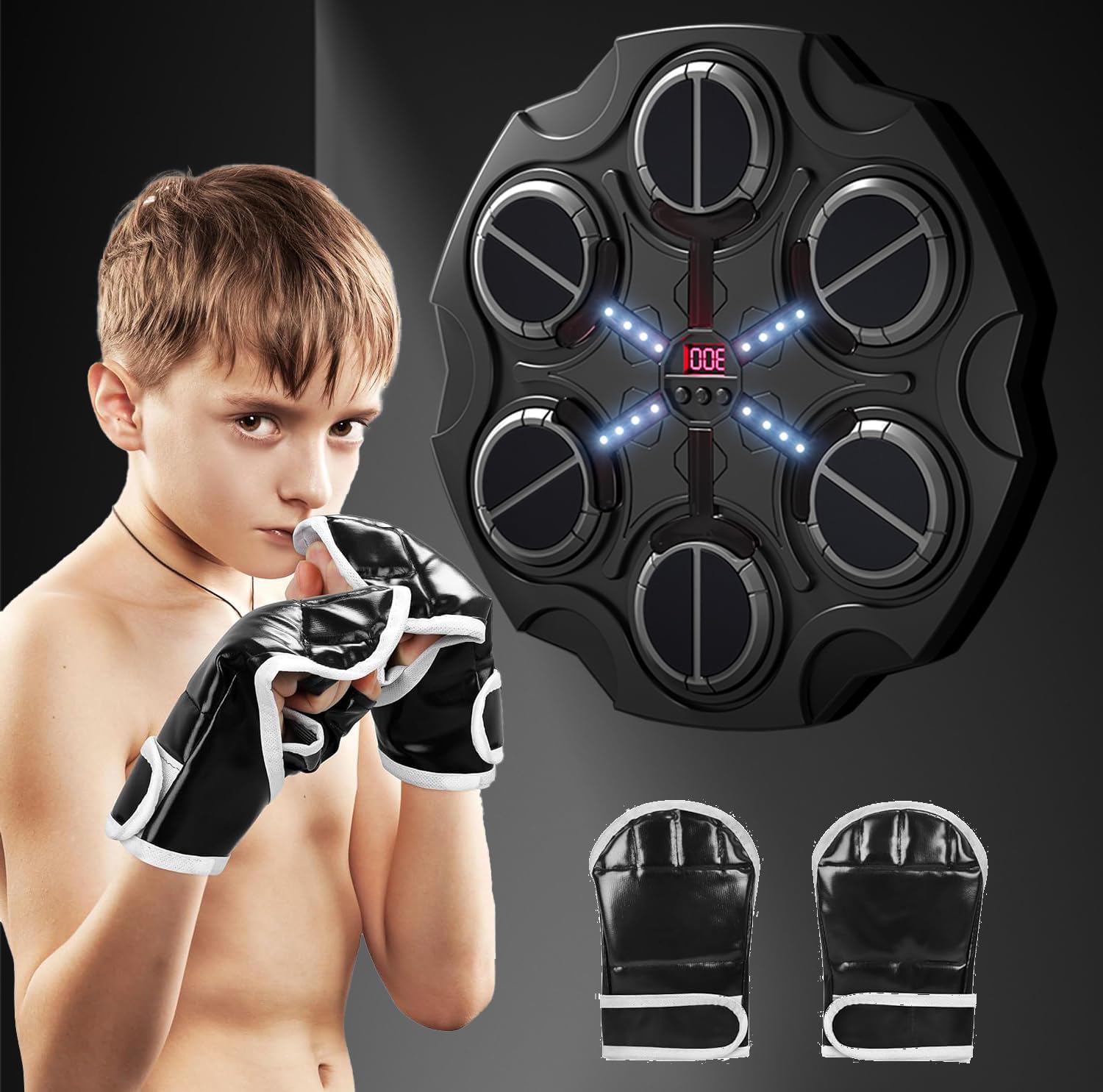 Music Boxing Machine with Smart Scoring, Wall-Mounted Target, Rhythm Lights, 3-Speed Adjustment, and Boxing Gloves – Fitness and Fun Toy for Adults, Boys, and Girls（Black）