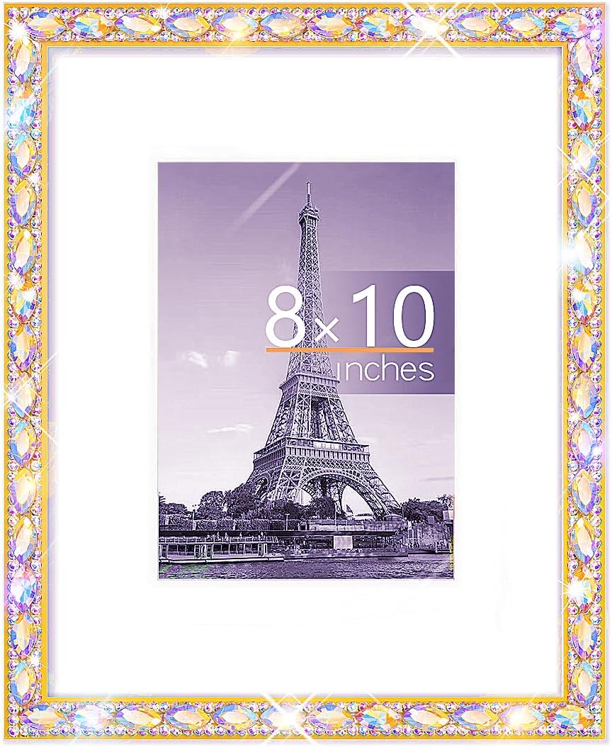 8x10 Bling Picture Frame, Display Pictures 5x7 with Mat or 8x10 Without Mat, Wall Hanging Glitter Diamond Photo Frame With Sparkle Rhinestone, Horizontally or Vertically 1 Pack，gold