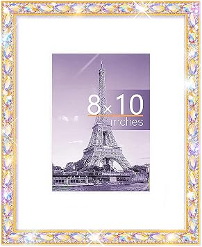 8x10 Bling Picture Frame, Display Pictures 5x7 with Mat or 8x10 Without Mat, Wall Hanging Glitter Diamond Photo Frame With Sparkle Rhinestone, Horizontally or Vertically 1 Pack,gold