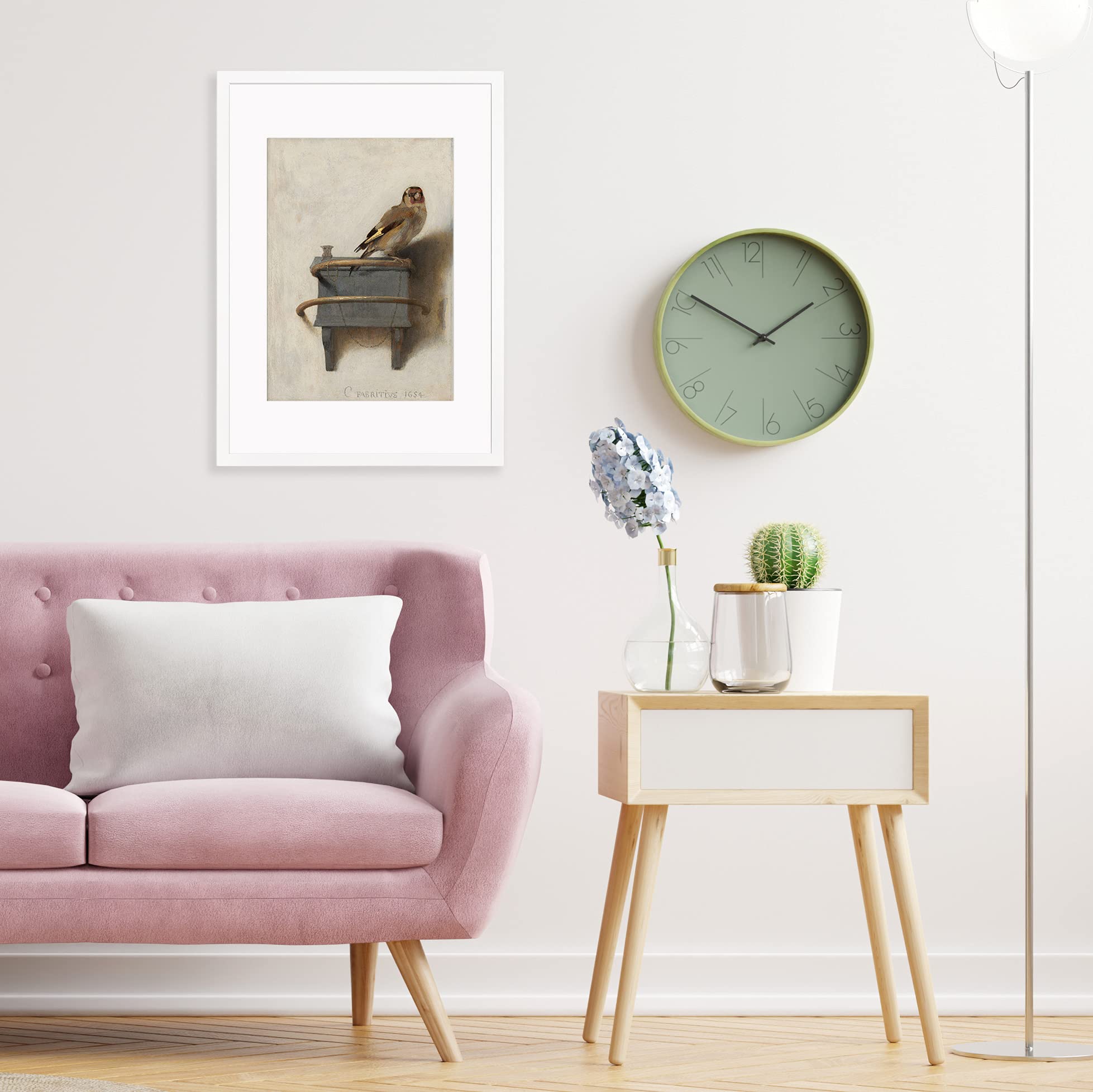 The Goldcardell, poster decorativo da parete Carel Fabritius Bird Painting (cornice bianca)