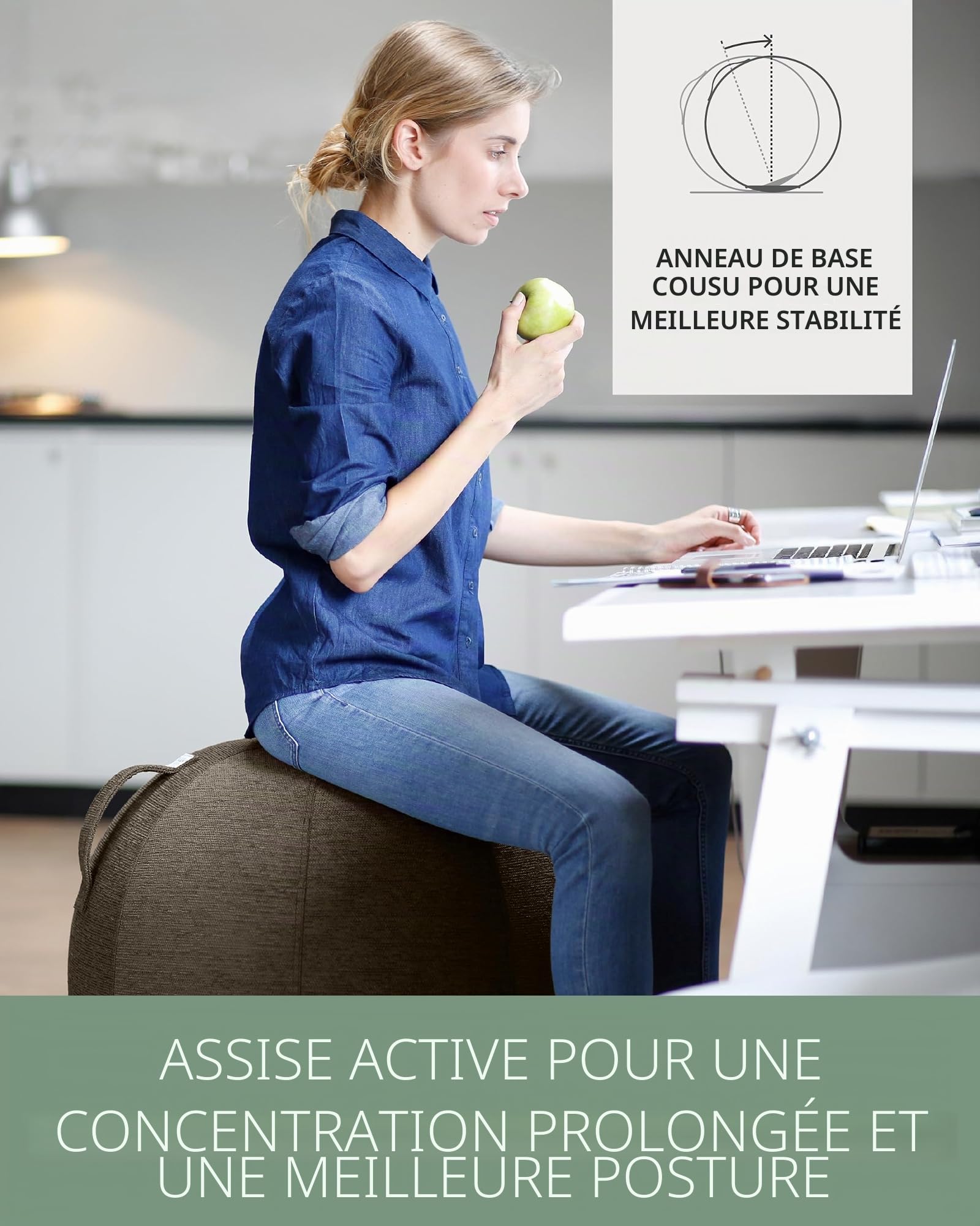 VLUV Ballon-siège STOV, siège Ergonomique, Couleur: Greige (Gris), Ø 70cm - 75cm, Tissu d’ameublement de qualité supérieure, Robuste et indéformable avec Une poignée de Transport