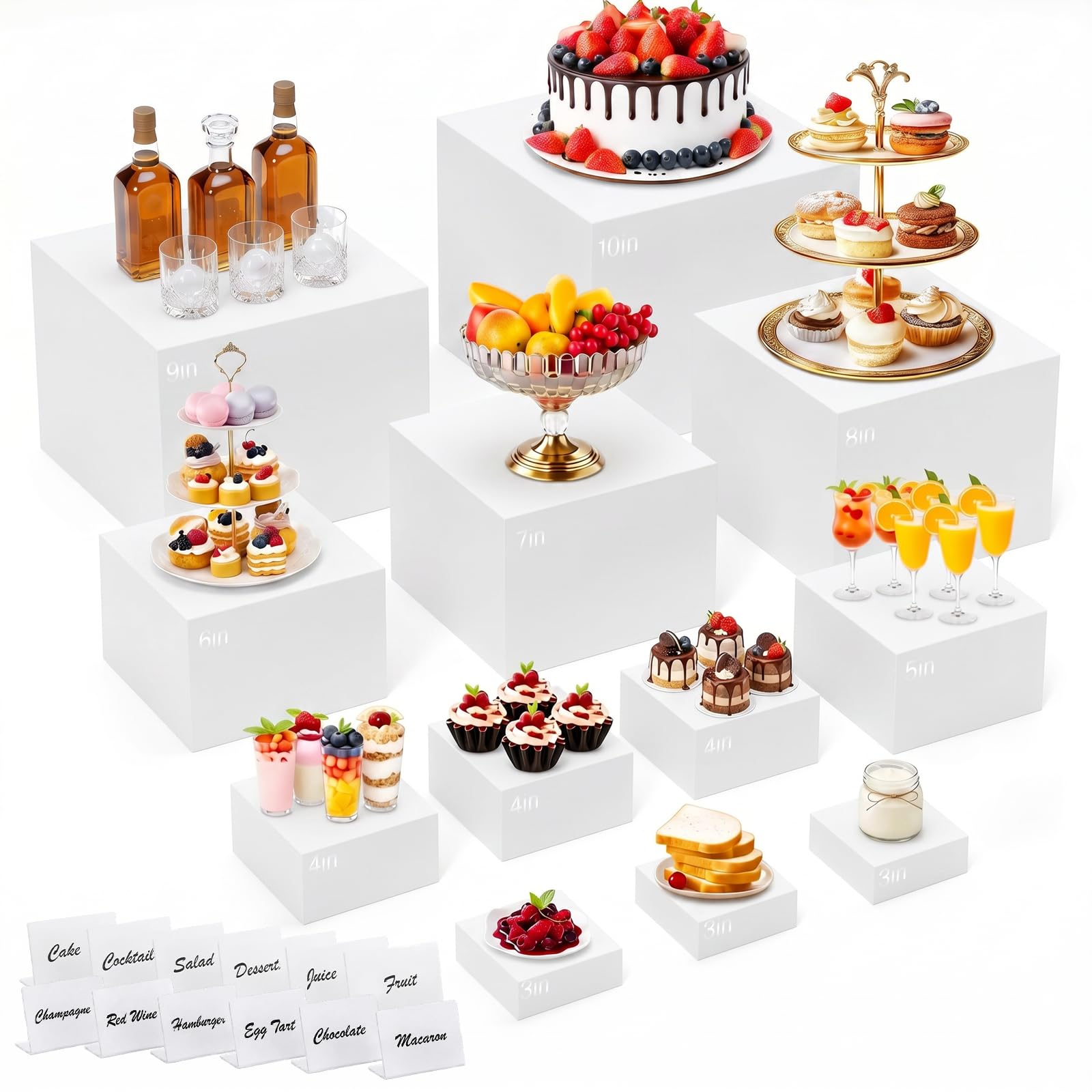 Photo 1 of 12 Pcs White Acrylic Buffet Risers with Mini Sign, Buffet Table Acrylic Cube Food Display Stands Party Catering Dessert Jewelry Collectibles, Acrylic Cube Nesting Boxes with Hollow Bottoms Home Storage (10" 9" 8" 7" 6" 5" 4" 4" 4" 3" 3" 3")