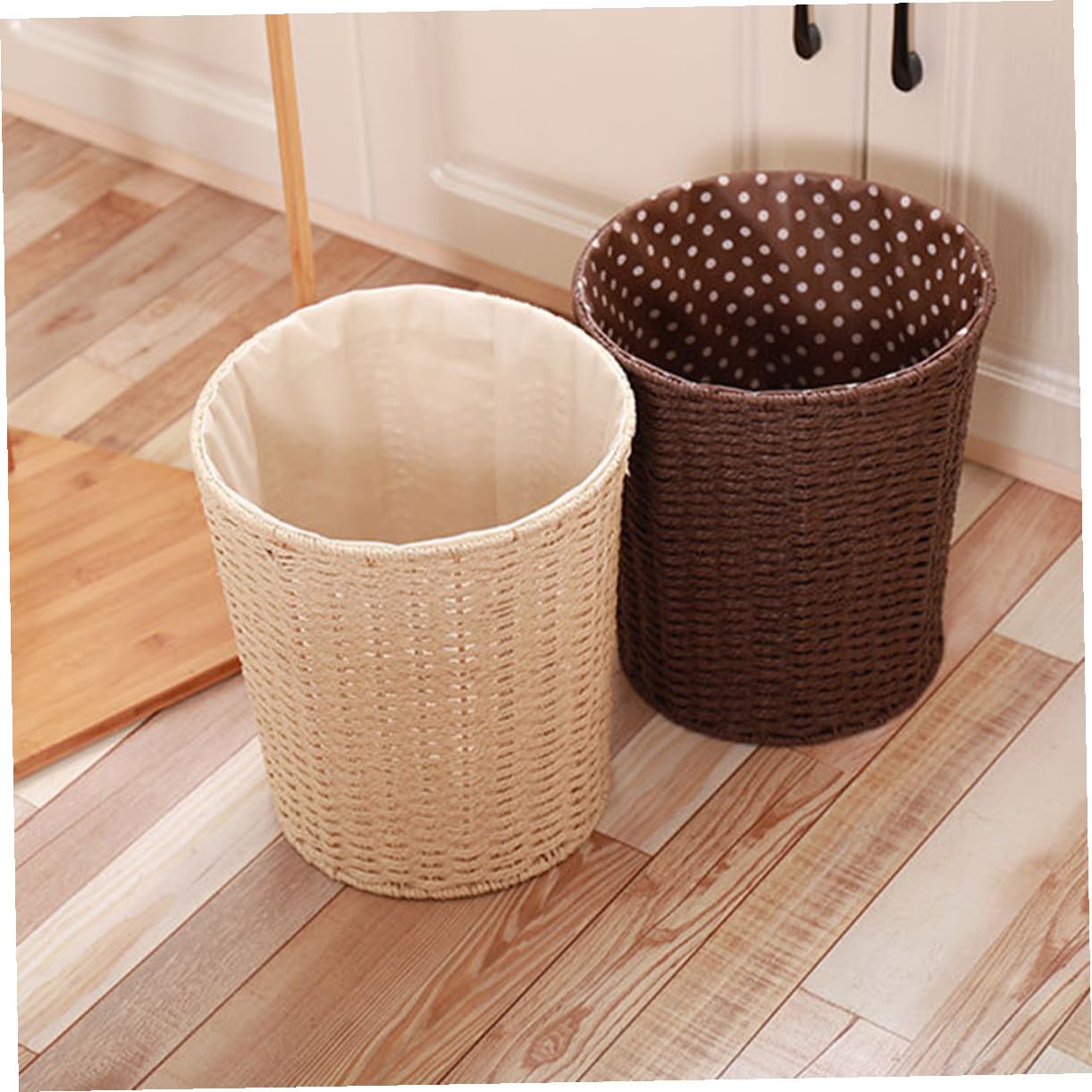 Pastoral Style Multi-Function Woven Storage Basket Lightweight Sturdy Trash Bin for Bedroom Kitchen Bathroom Home Organization