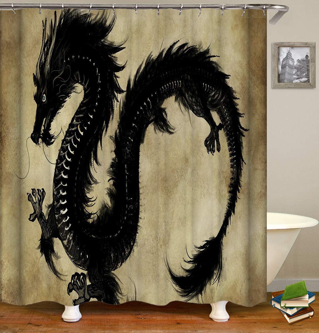 Chickwin Black Dragon Dragon Shower Curtains Mould Proof Waterproof Washable Curtains With 12 Hooks Creative 3D Printed Dry Quickly Polyester Shower Liner Bathroom Decor (,180X200cm)