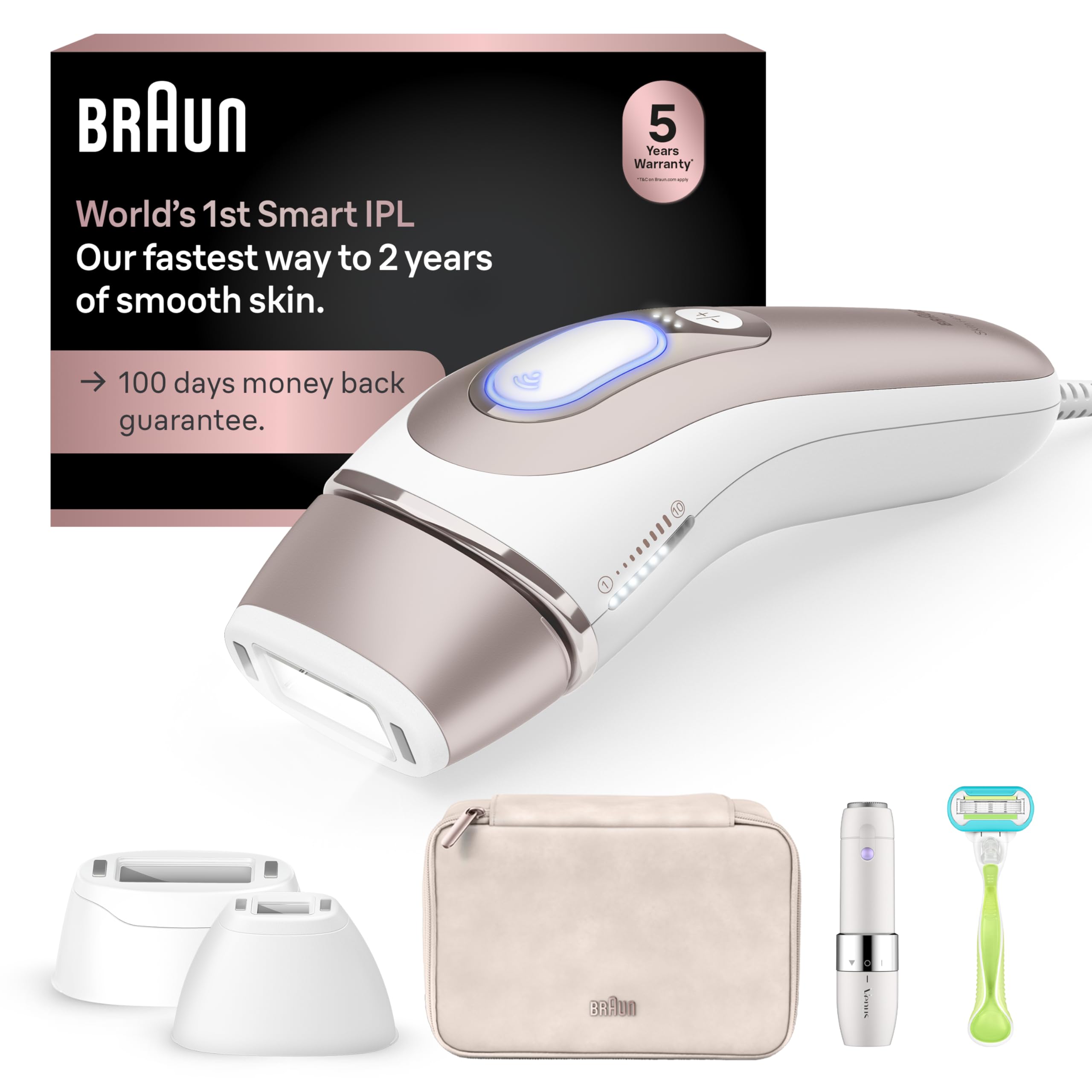 Braun Smart IPL, Skin i·Expert Pro 7: at Home Laser Hair Removal for Women and Men, Permanent Visible Hair Reduction, with Free App, Vanity Case, Venus Razor, 2 Smart Heads, Facial Trimmer, IPL7219