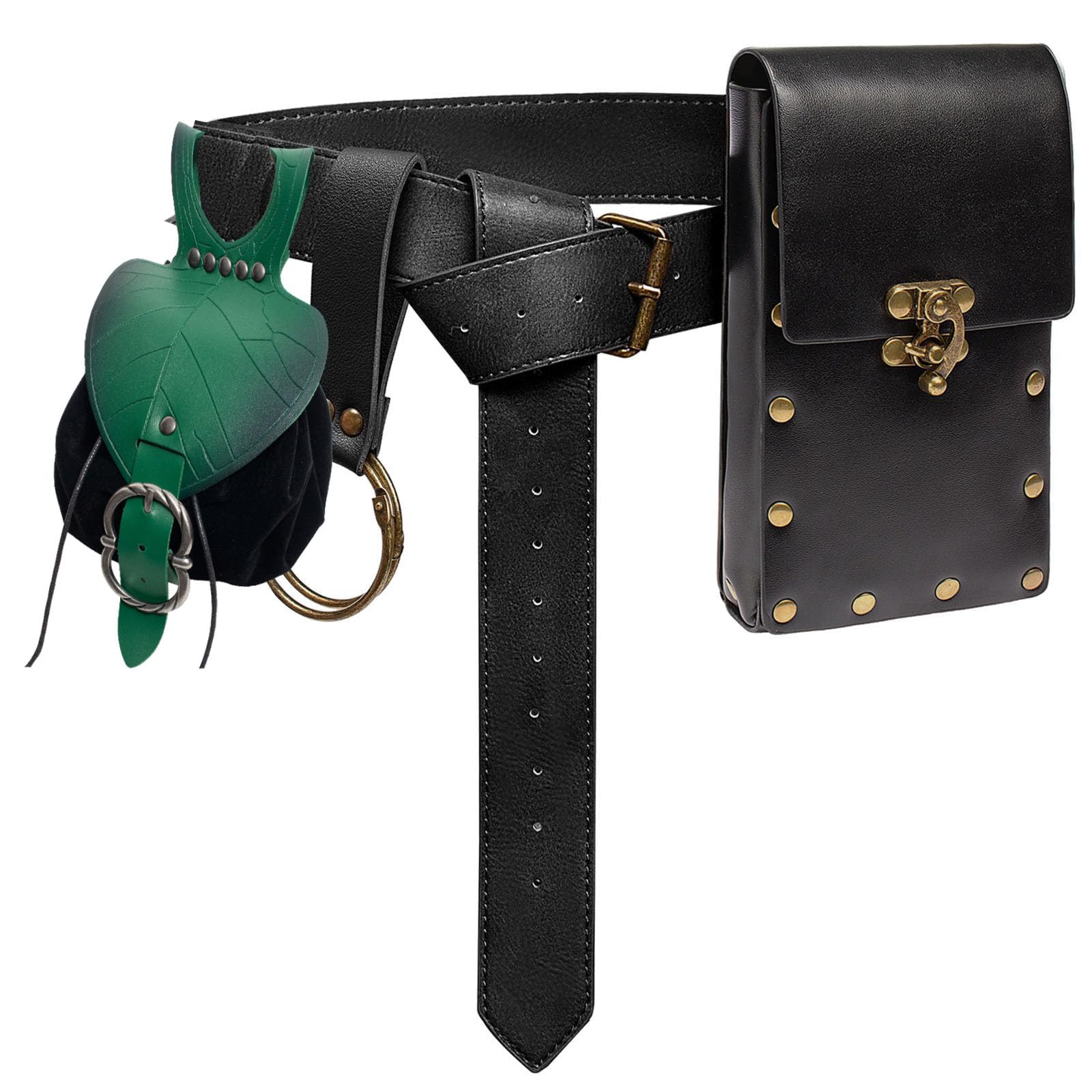 Belt Pouch Waist Bag Fanny Pack Steampunk Phone Holder Medieval Bag Leather Belt Renaissance Cosplay Costume Accessories, Leaf Black, Steampunk & Medieval Sets