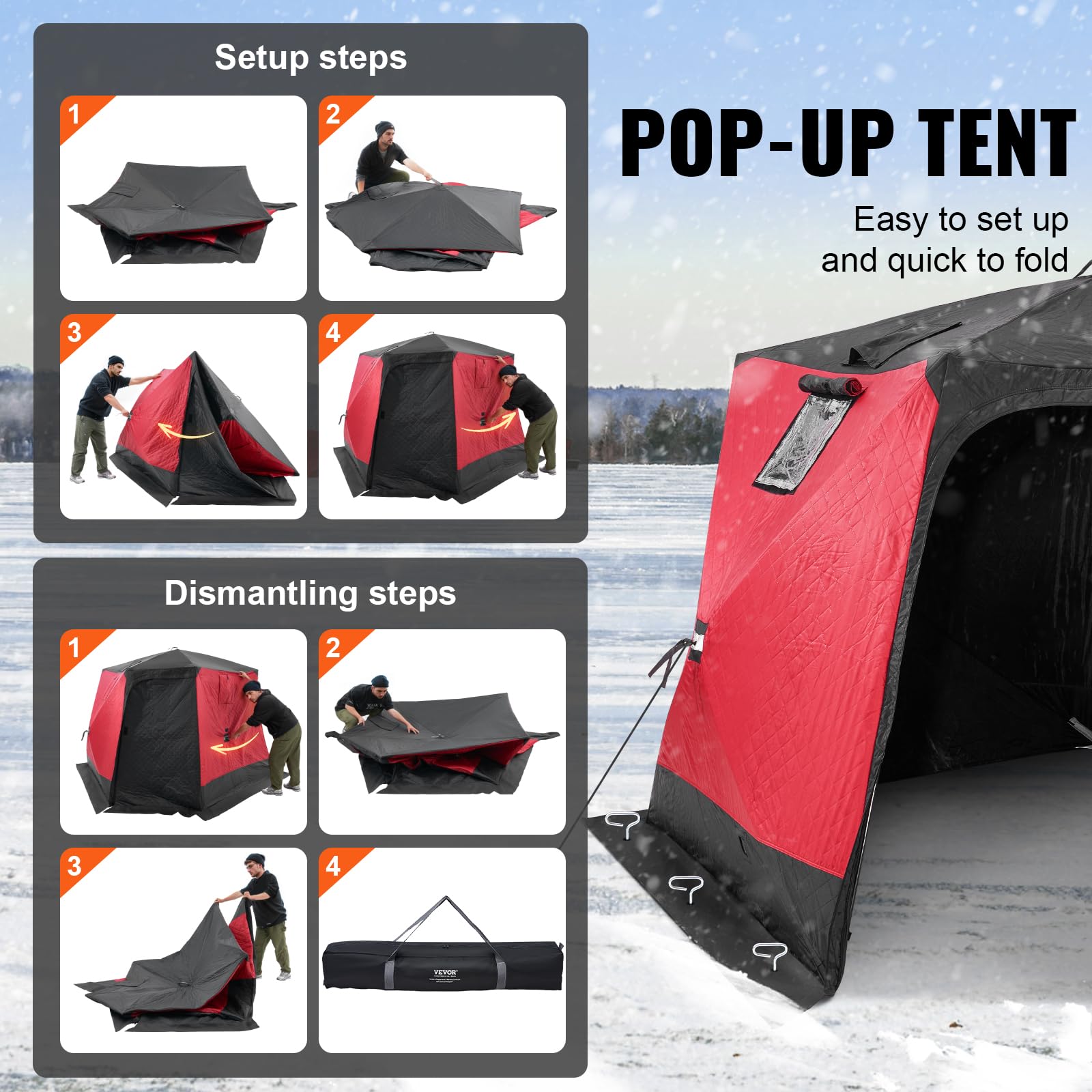 VEVOR Refugio de Hielo Portátil 3,3x3,3x2 m Tienda de Campaña para Pesca en Hielo Emergente para 6-8 Personas Cubo de Hielo de Oxford Impermeable con Anclas/Cuerdas/Bolsa de Transporte, Negro y Rojo