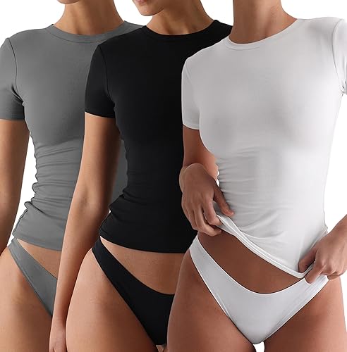 Skims Dupe Tshirt Top Baby Tees Basic Short Sleeve Crop T Shirts Y2k Clothes Workout Tops Summer Shirt for Women - Small - 3 Pack(black+grey+white)