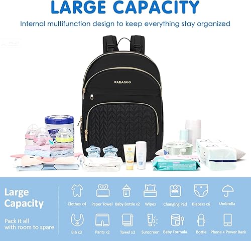 Miniatura 6 de KABAQOO Mochila para pañales de bebé, mochila impermeable para pañales para mamá y papá con cambiador, bolsillos aislados y correas para cochecito,
