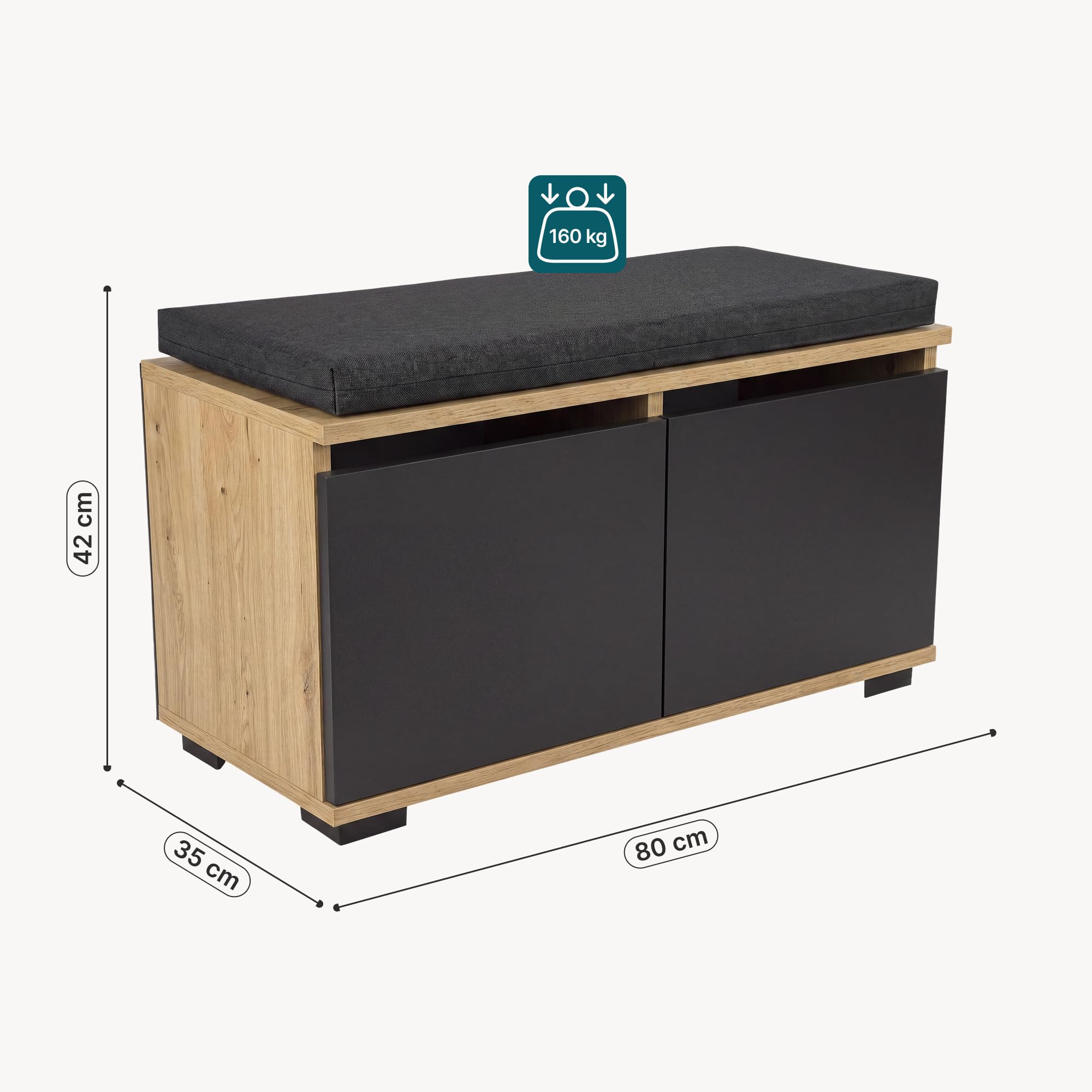 [en.casa] Banc à Chaussures avec 2 Portes Range-Chaussures à 4 Niveaux Meuble de Rangement pour Entrée Panneau de Particules Textile 42 x 80 x 35 cm Effet Chêne Noir