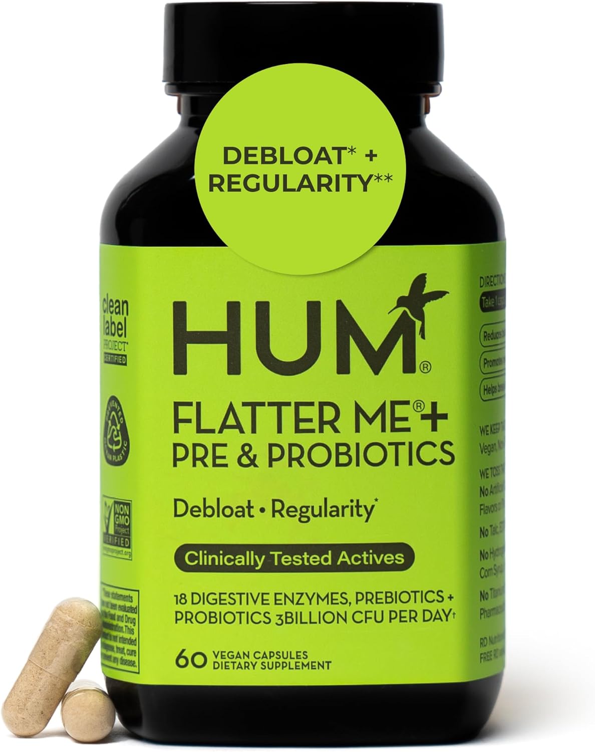 HUM Flatter Me Digestive Enzymes with Probiotics & Prebiotics - Fast-Acting Bloat Relief, Digestive Health and Regularity, Vegan Formula 60 Servings HUM Flatter Me Digestive Enzymes with Probiotics & Prebiotics - Fast-Acting Bloat Relief, Digestive Health and Regularity, Vegan Formula 60 Servings
