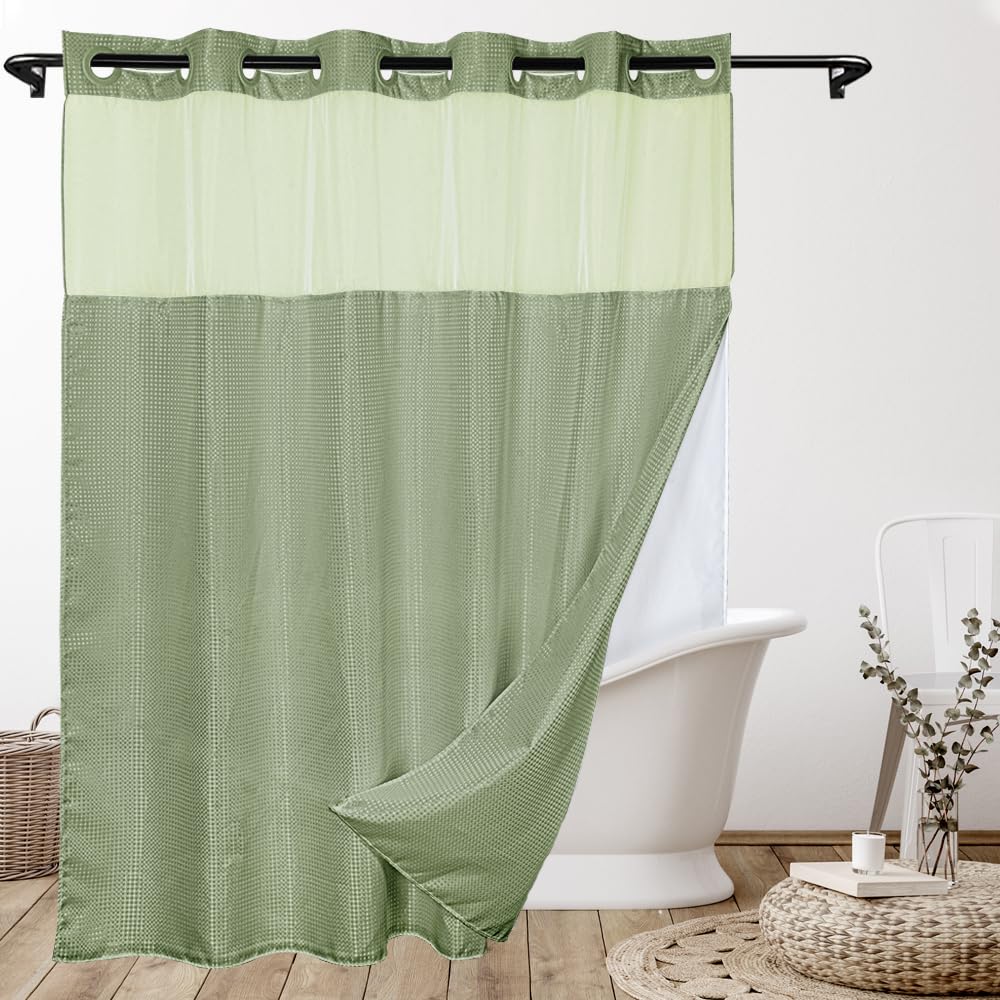 goodbath No Hook Shower Curtain with Snap in Liner Green,Luxury Waffle Bath Curtains for Bathroom Hotel, Mesh Top Window,Double Layer,180x188cm