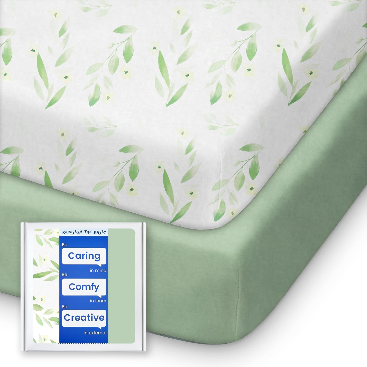 Pack N Play Sheets Fitted for Girls Boys, TotBasic Boho Mini Crib Sheets for Pack and Play/Mini Crib Mattress, Premium Soft Stretchy Jersey for Breathable Comfort - 2 Pack (Sage Green&amp;Botanical Leaf)
