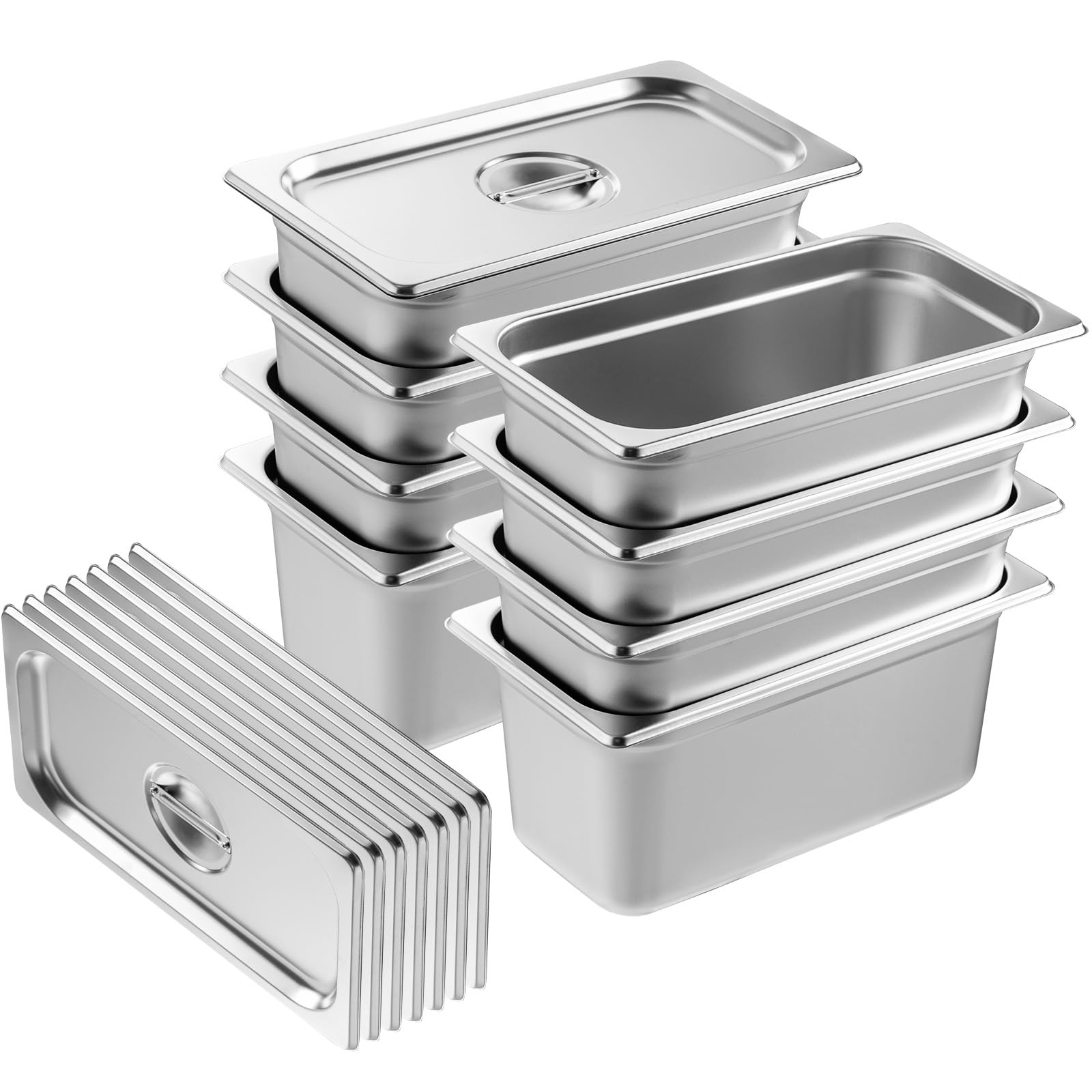 VEVOR 8 Pack Hotel Pans with Lids, 1/3 Size Anti-Jam Steam Pan, 0.8mm Thick Stainless Steel Steam Table Pan, 6-Inch Deep Commercial Table Pan, Catering Storage Food Pan, for Industrial & Scientific