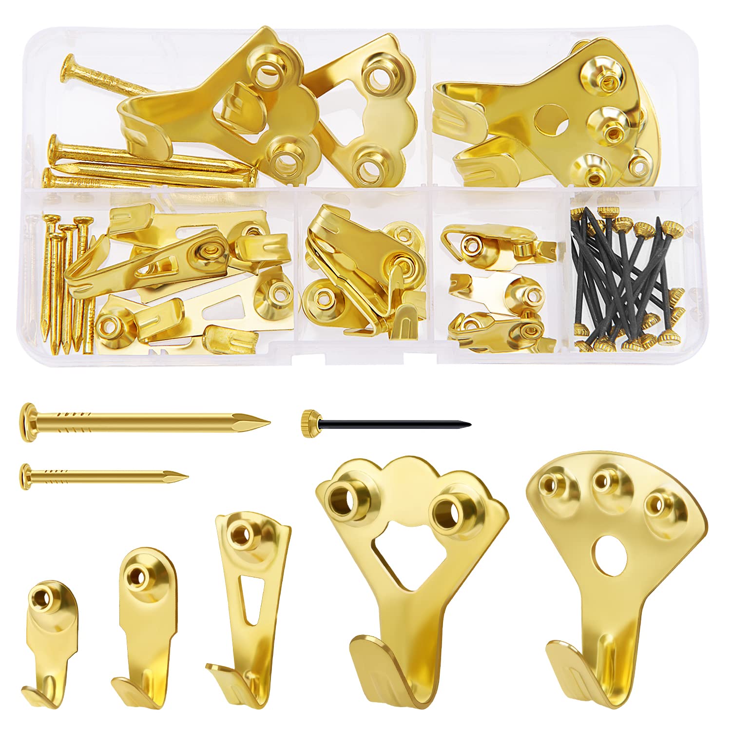 VooGenzek 44 Pezzi Kit Ganci Cornice Pareti Dure, Ganci Metallo Quadri Heavy Duty Immagine con Chiodi