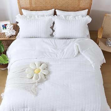 JOLLYVOGUE Pillows Queen Size Set of 4 & 3 Pieces White Seersucker Comforters Queen Size, Bed Pillows with Super Soft Down Alternative Fill