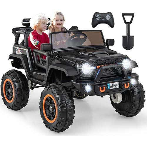 OLAKIDS 24V Ride On Car, 2WD/4WD Switchable 2 Seater Kids' Electric Vehicle Jeep Truck with 20" Wide Seat, 4X550W Power Wheels, Remote Control, Soft Brake, LED Light, Music (Black)