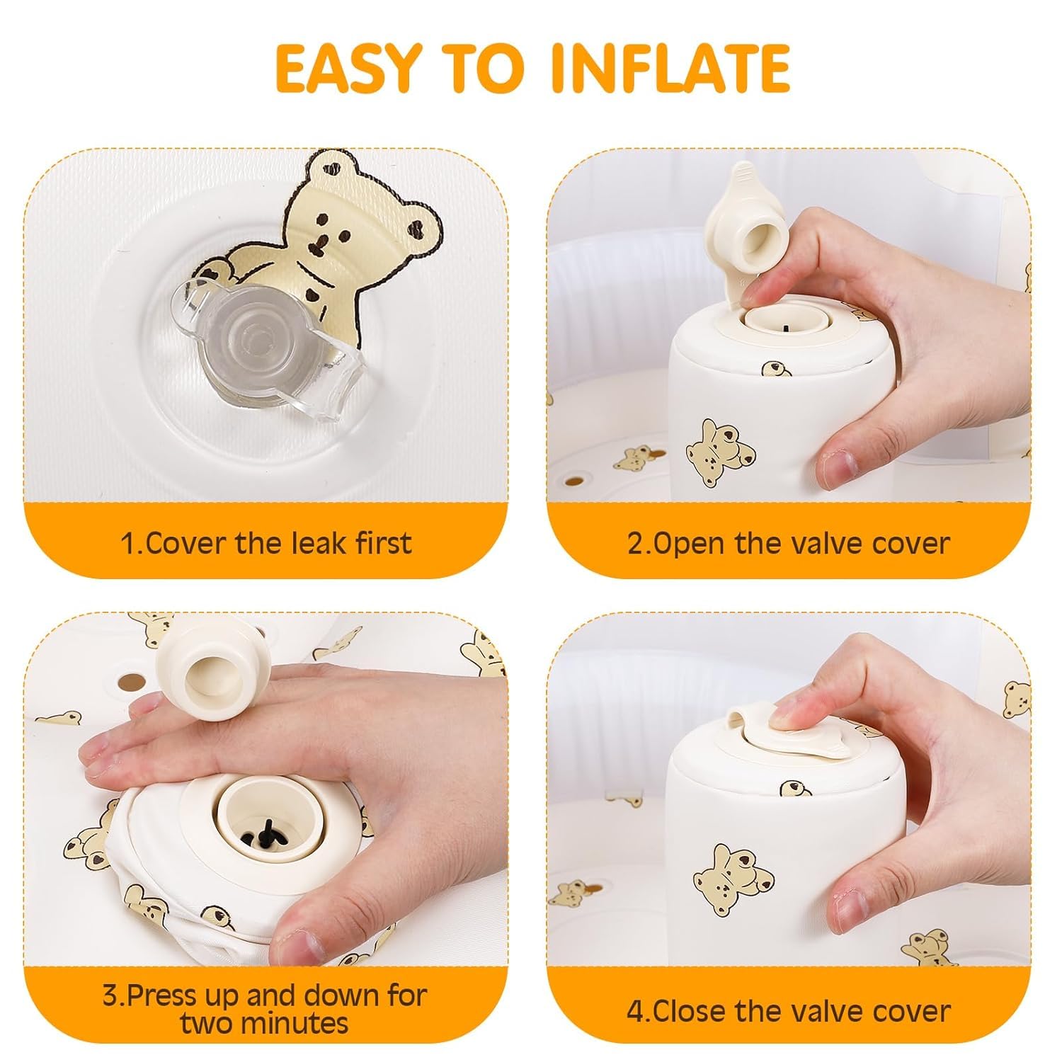 Tarkan Inflatable Baby Support Seat for 3-36 Months, 100% Safe Blow Up Chair with Built-in Air Pump, Infant Floor Seat (Bear)