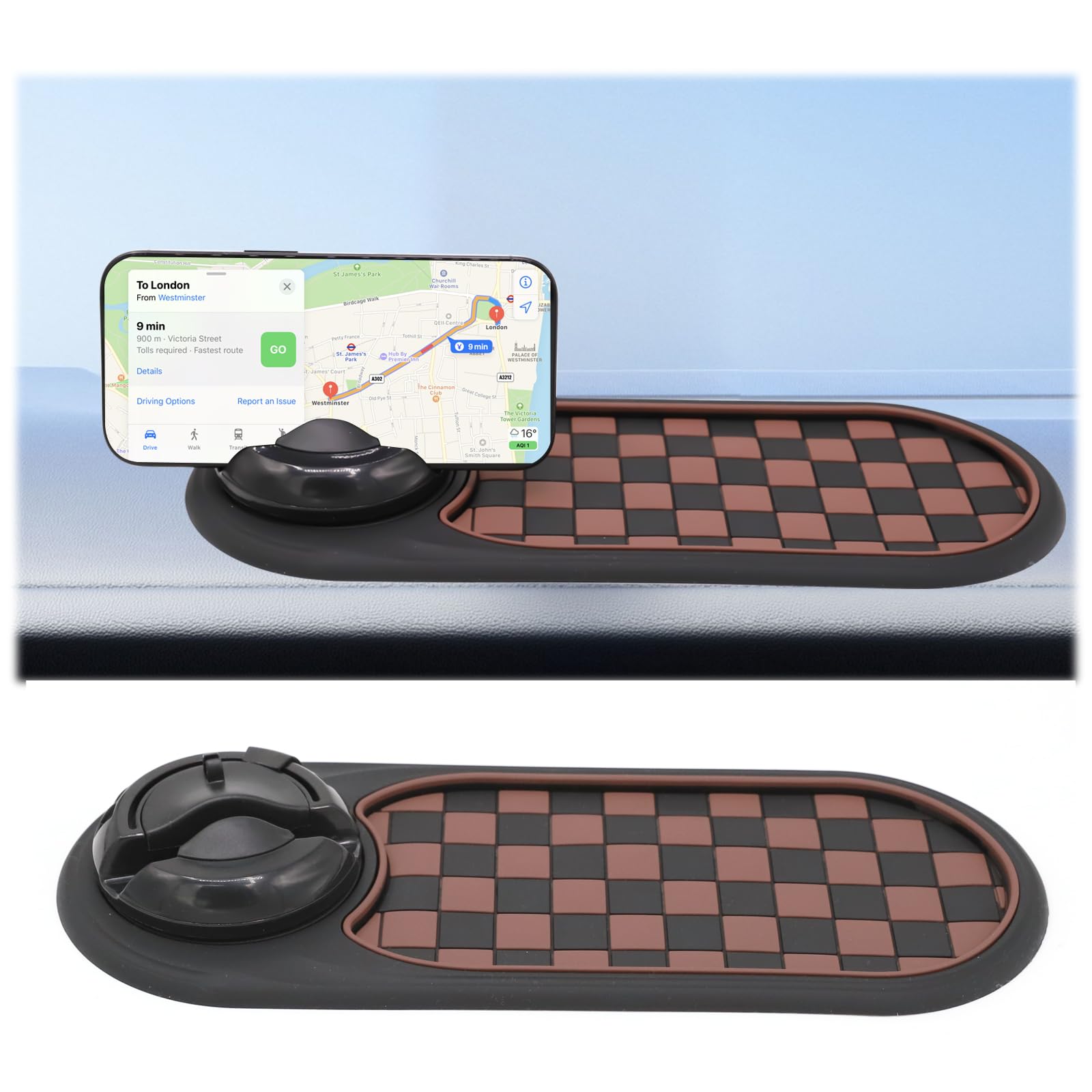 Tapis de tableau de bord antidérapant universel avec support de téléphone 2 en 1 – Tapis antidérapant pour clés et friandises | Poignée rotative à 360° + Parcomètre intégré