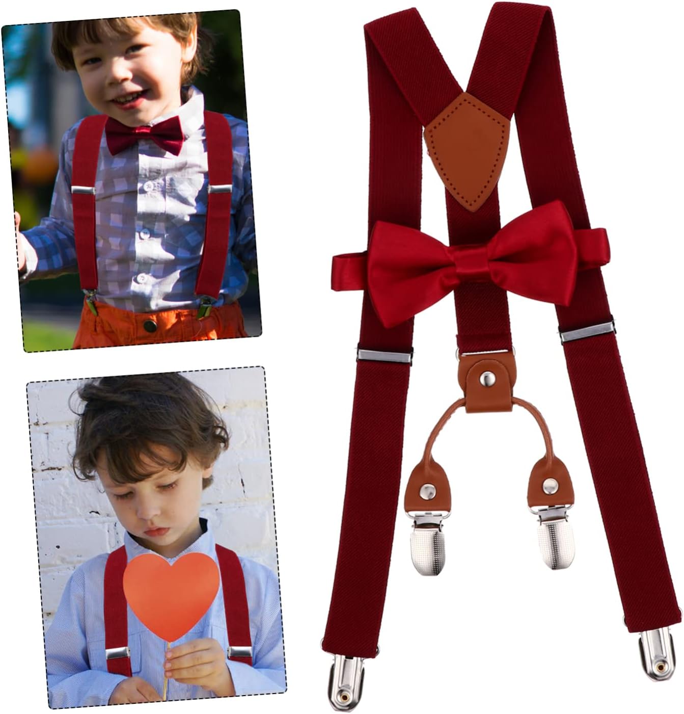 1set Adjustable Back Suspenders Clips Bow Tie for Boys and Girls for Weddings Parties and Formal Occasions Elastic Material Wine