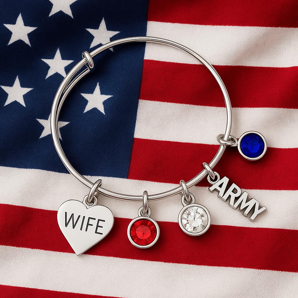 Infinity Collection Army Wife Bangle Bracelet - Proud Army Wife with Red, White, and Blue Rhinestone Charms Adjustable Bracelet - Show your Appreciation with a Unique Gift