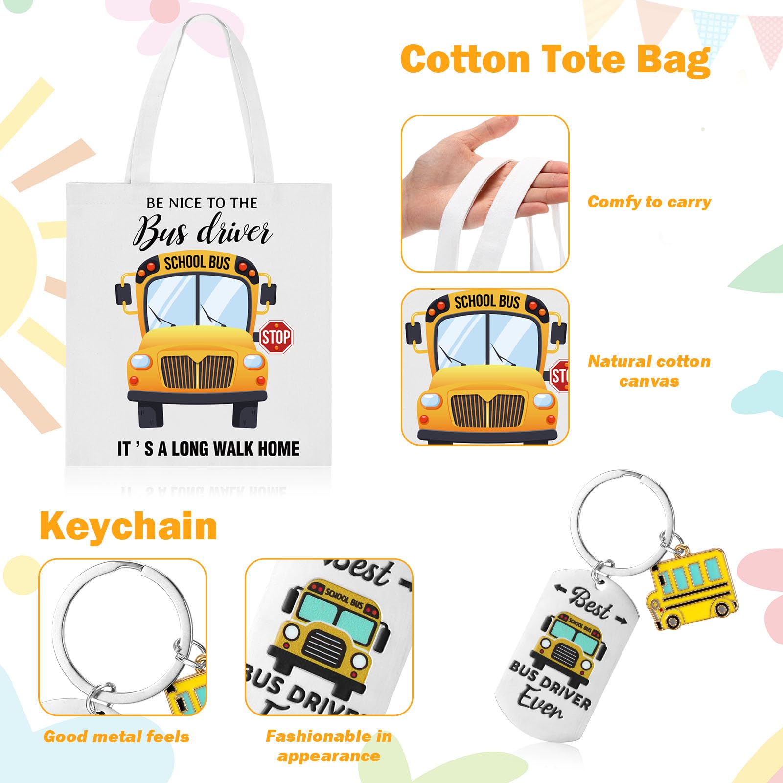Sieral 4 Pcs School Bus Driver Appreciation Gifts for Women Men 12 oz Stainless Steel 4 in 1 Design Bus Driver Tumbler Cup and Lids Funny Bus Driver Canvas Bag Bus Driver Keychain Bus Driver Socks