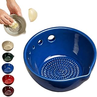 Handmade Garlic Grater x Herb Bowl - 2-in-1 Ceramic Herb Stripper Bowl with Built-In Grater Plate, Rasca Ajos Plate for Ginger, Garlic, Cheese & Turmeric, Stoneware Stem Remover Dish (Blue)