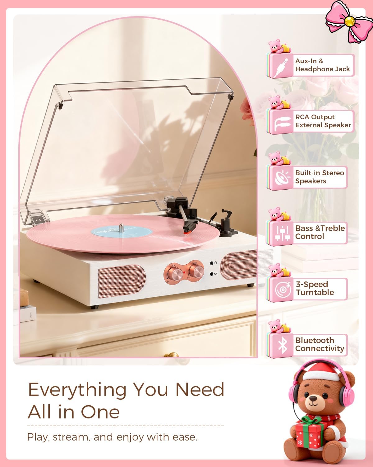 Vinyl Record Player, White & Rose Gold, Built-in Speakers, 3-Speed Belt-Drive Turntable for Beginners, Easy Setup, Vintage Style Record Player Gift