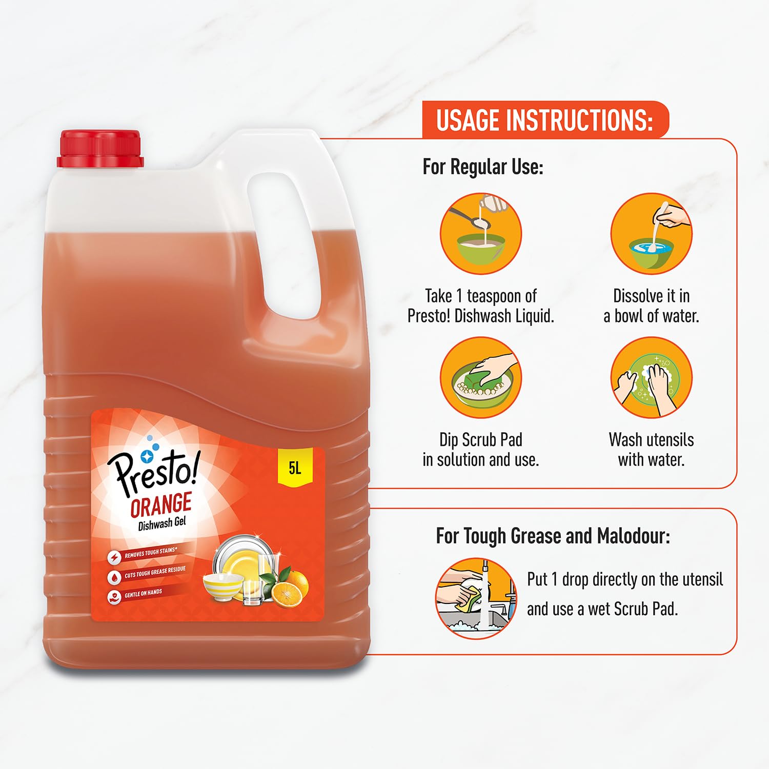 Amazon Brand - Presto! Dishwash Gel Refill Can, (Orange) - 5 Liter| Leaves No Residue and foul smell| Grease Cleaner For All Utensils |Super Saver Pack 4