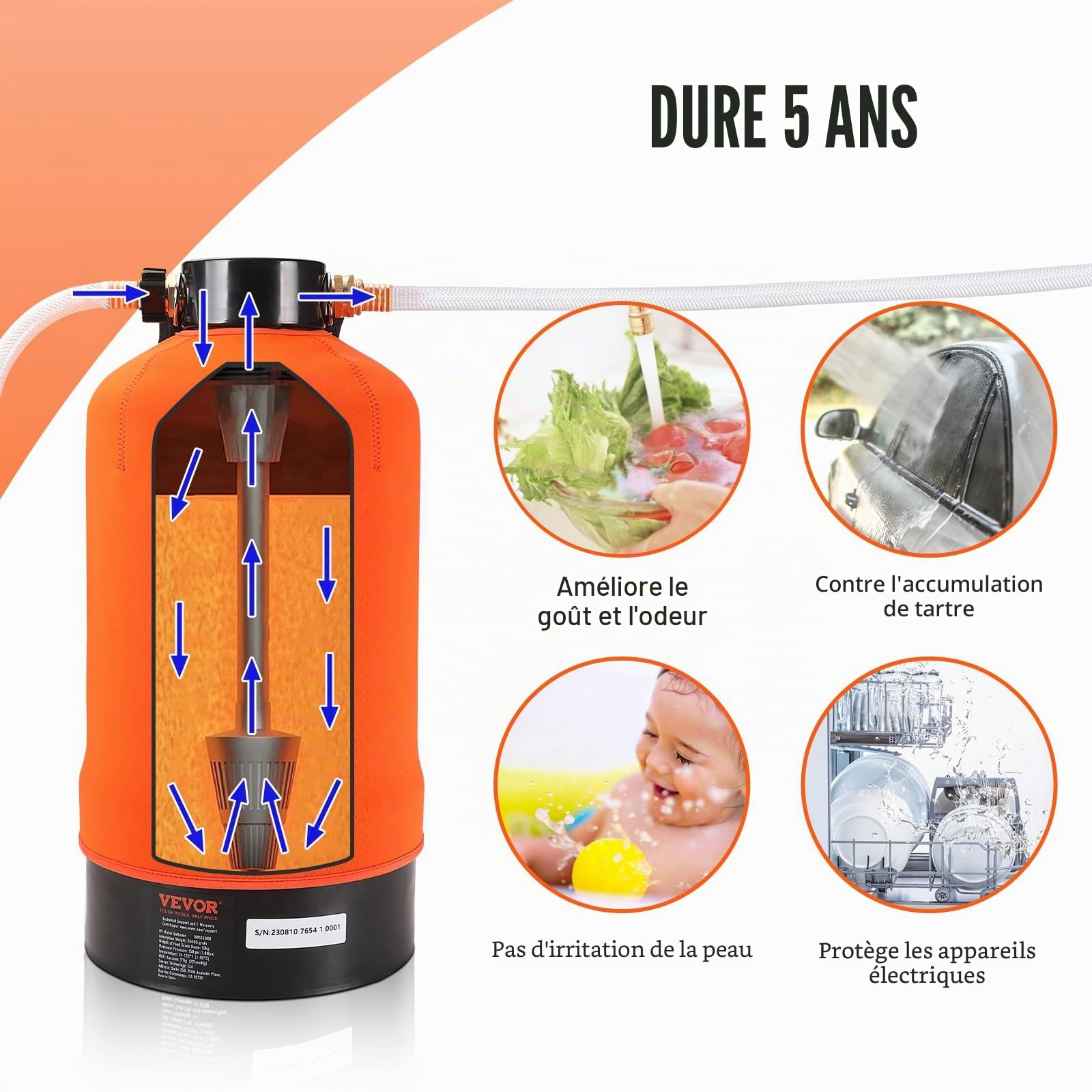 VEVOR Adoucisseur d'Eau Portable 16000 Grains Système de Filtration d'Eau avec Raccords 19 mm et Long Tuyau 106,7 cm sans Électricité pour Adoucissement d’Eau Dure Camping-car Caravane Bateau Domicile