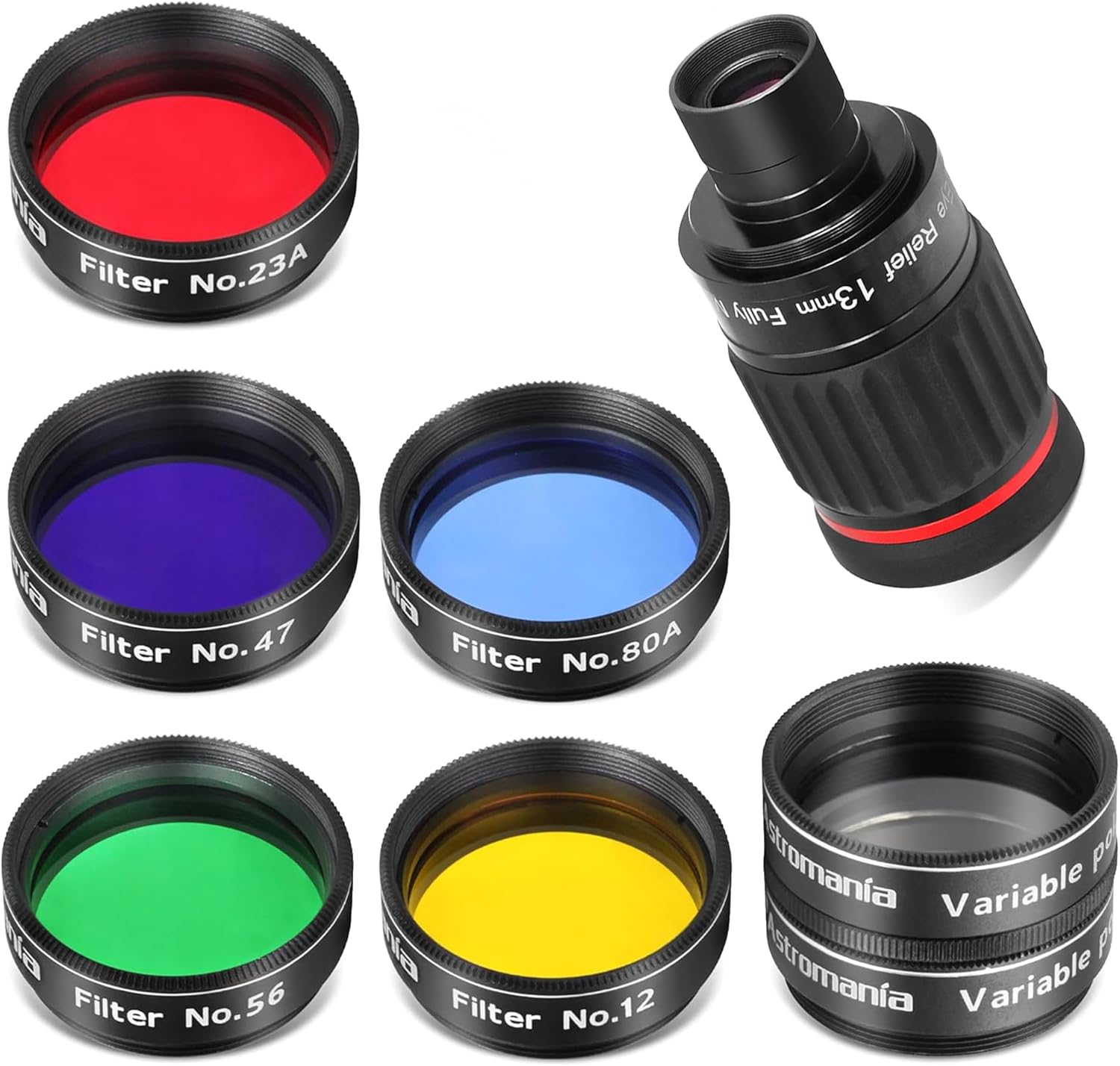 Astromania 1.25"/2"- 13mm 70 Degree Super Wide Angle (SWA) - Bundle with - 1.25" Telescope Eyepiece Filter Set(6 Pieces)