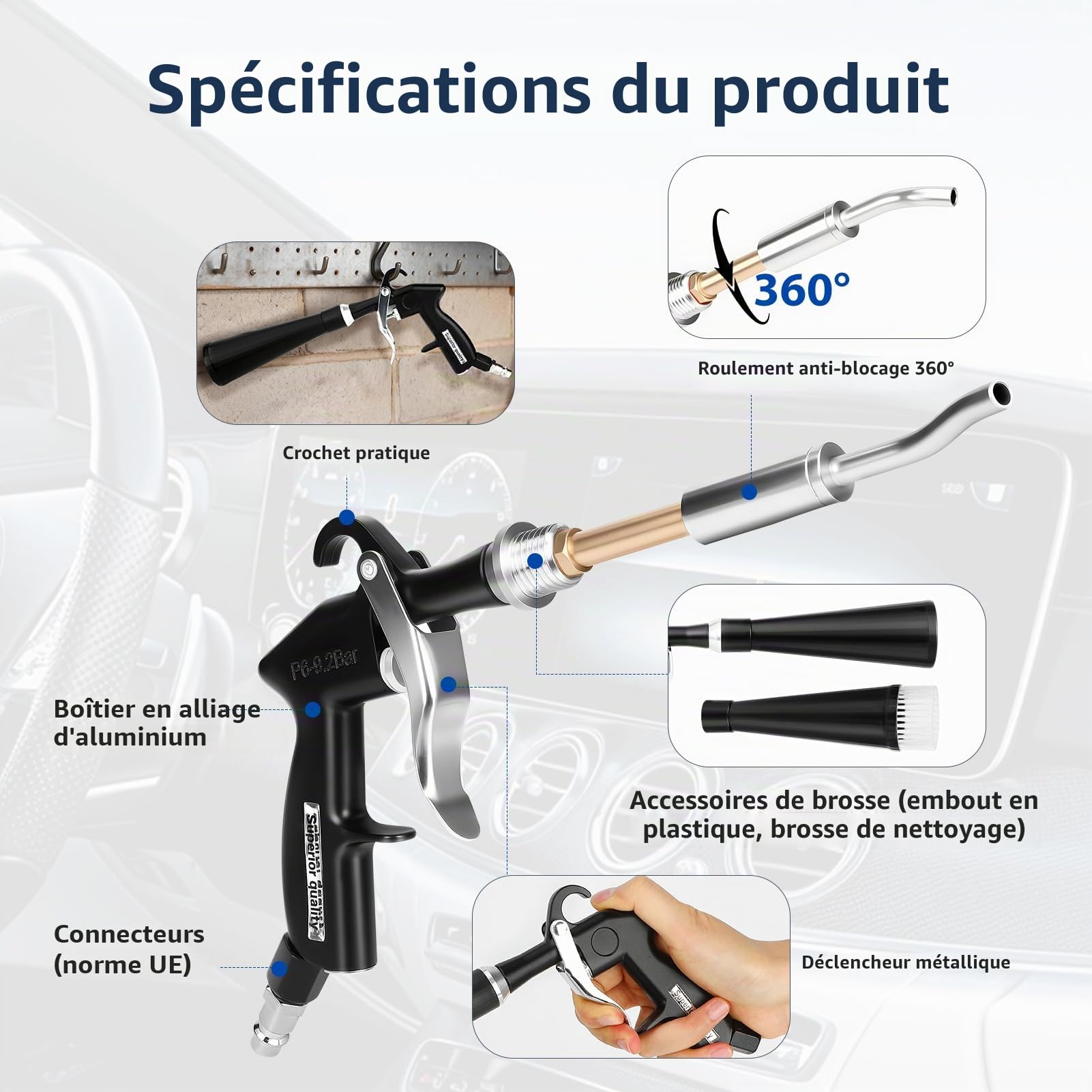 Pistolet de nettoyage à air comprimé, pistolet à air comprimé turbo pour voiture, pistolet de soufflage à air sec avec poignée ergonomique, pistolet à air comprimé précis pour sièges, jantes, moteur