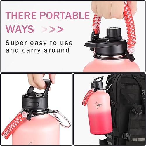 Miniatura 5 de Botella de agua aislada de 64 onzas, botella de agua de acero inoxidable al vacío con tapas de popote y tapas de boquilla, mango de paracaídas,